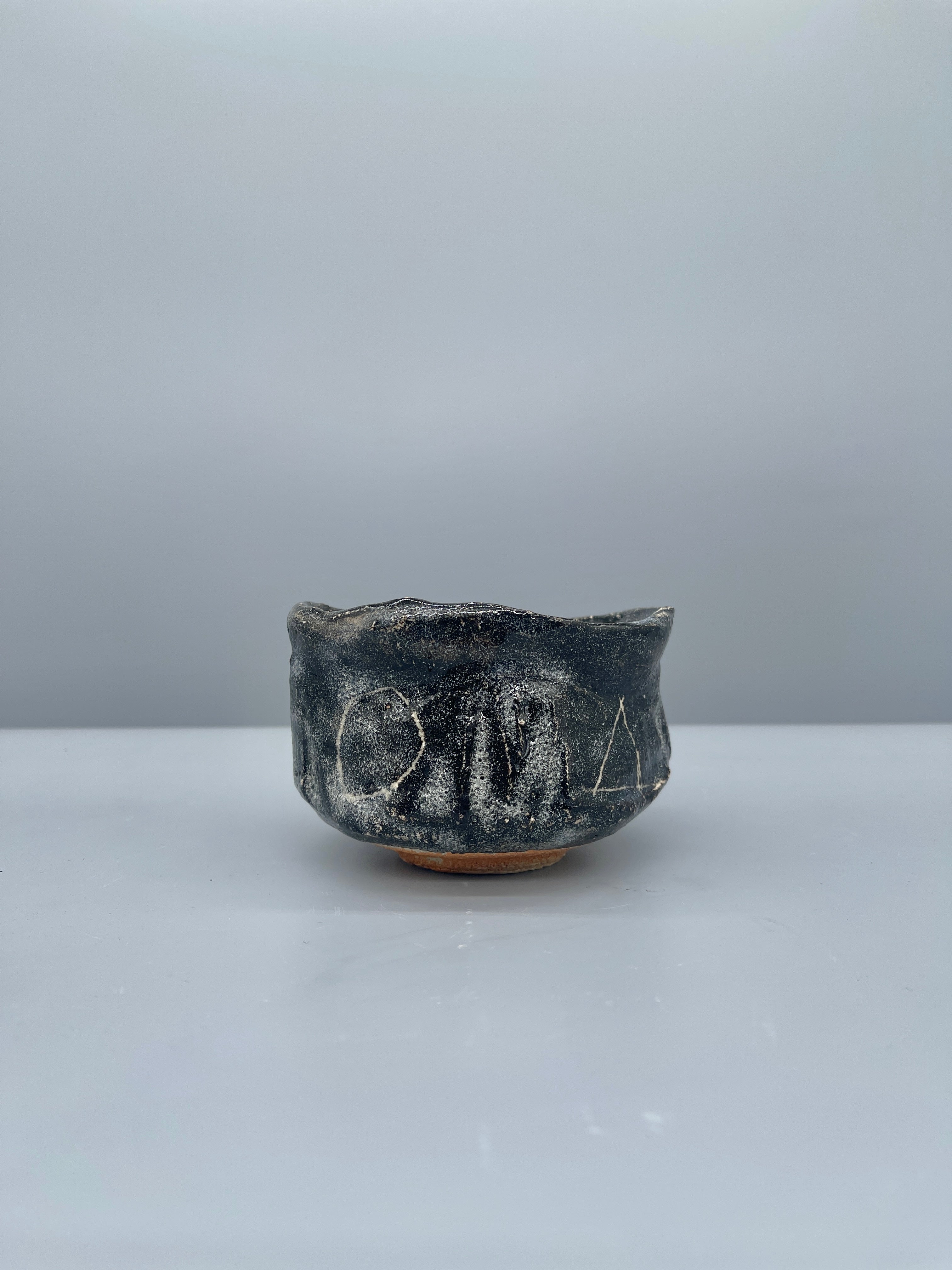 Vintage Japanese Chawan, Tea Bowl - Black Glaze, Geometric Motif