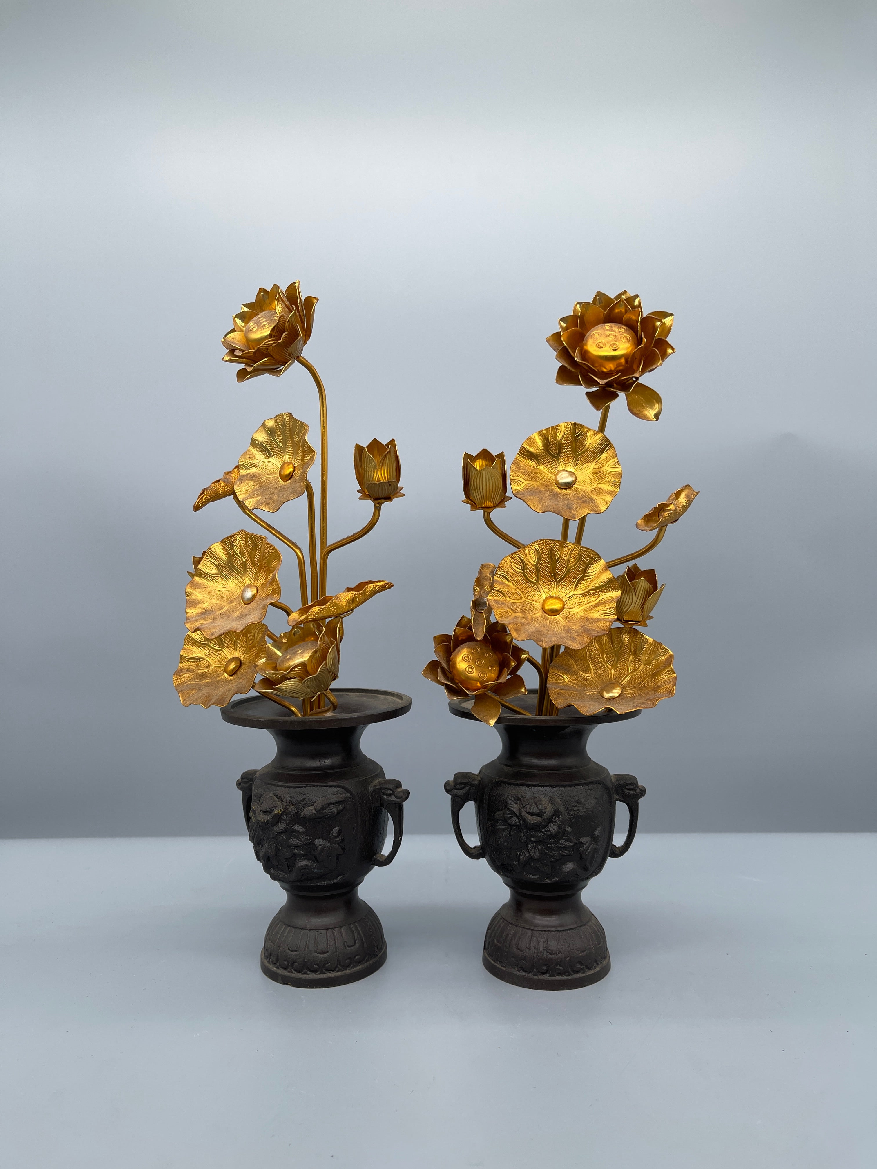 Vintage Japanese Jyôka, Pair of Gilded Lotus Flowers