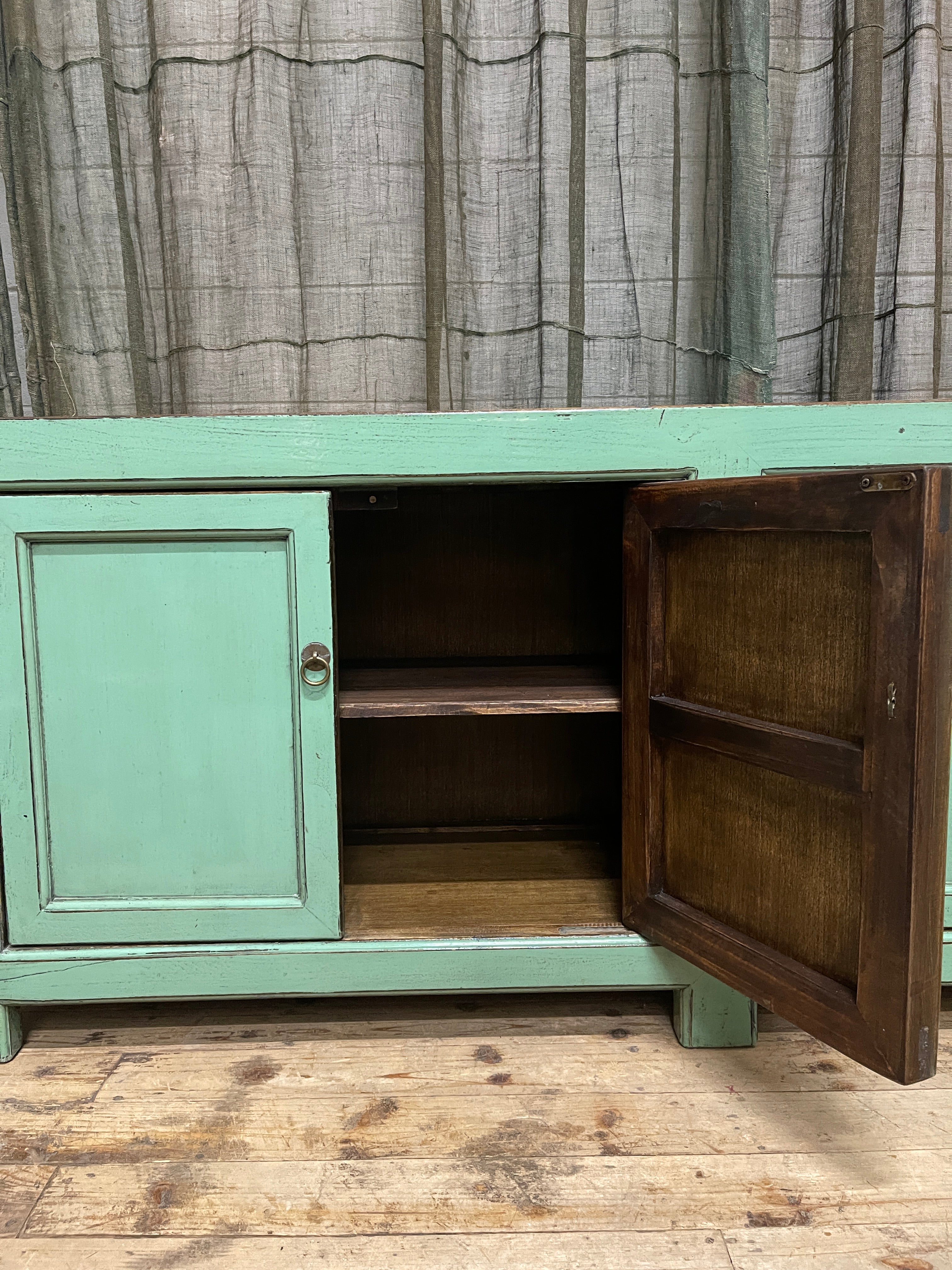 Chinese Sage Green Lacquered Low Sideboard, 4 Door