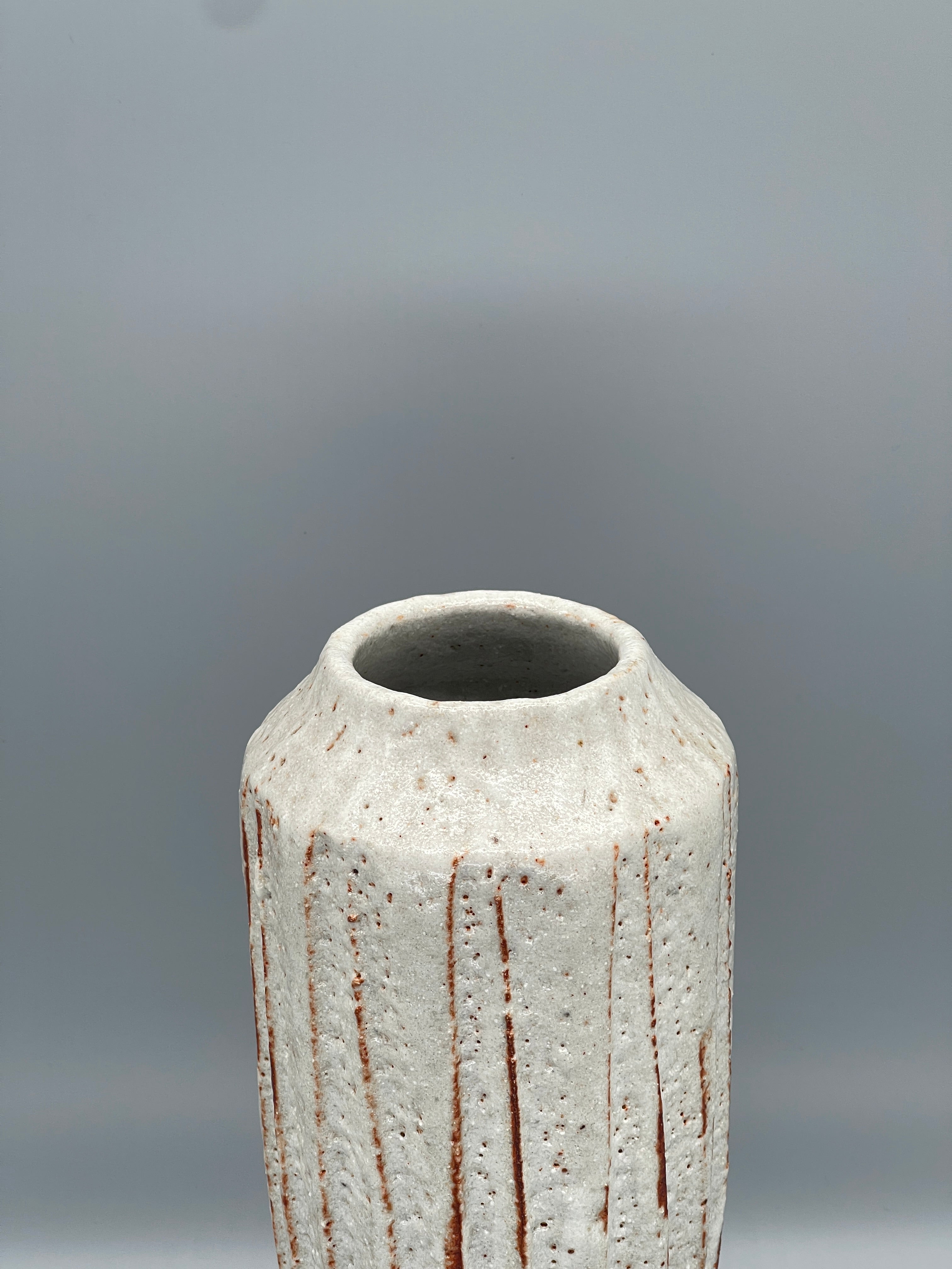 Tall Vintage Japanese Ikebana Vase - White & Orange Shino Glaze