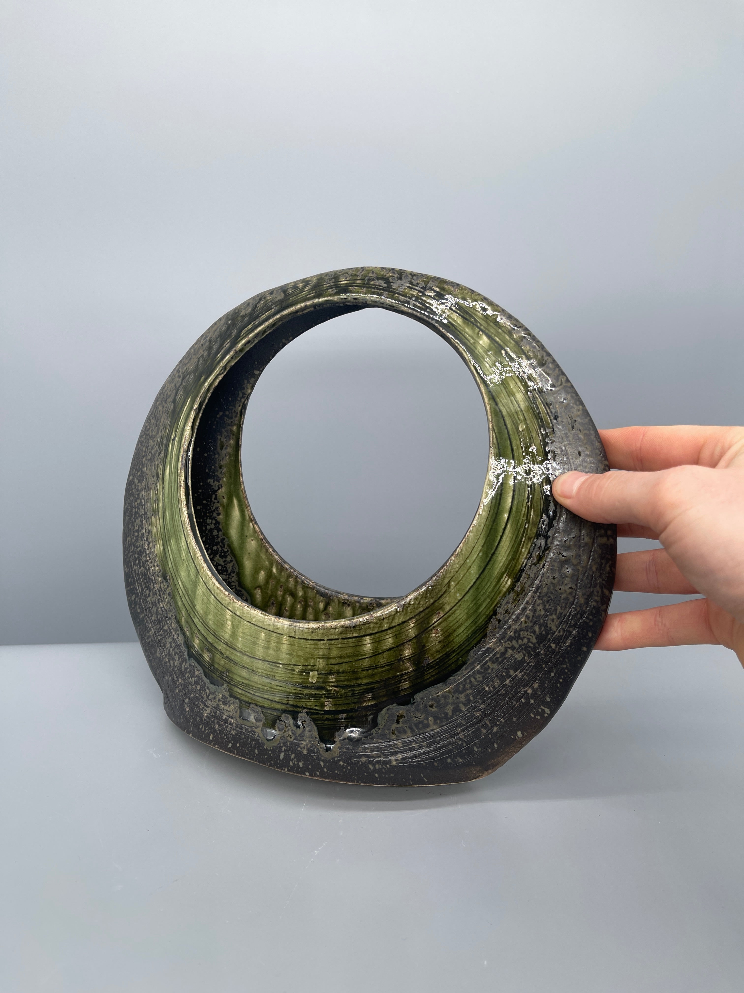 Midcentury Japanese Round Ikebana Vase, Earthy Green Glaze