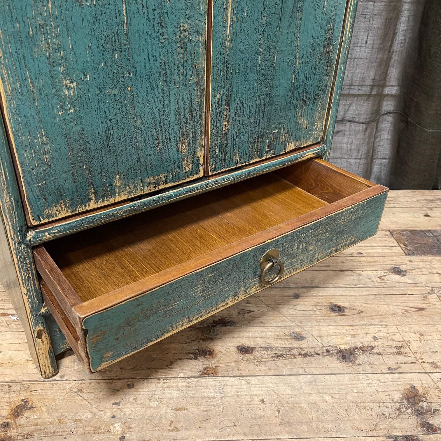 Provincial Style Chinese Teal Lacquered Side Cabinet