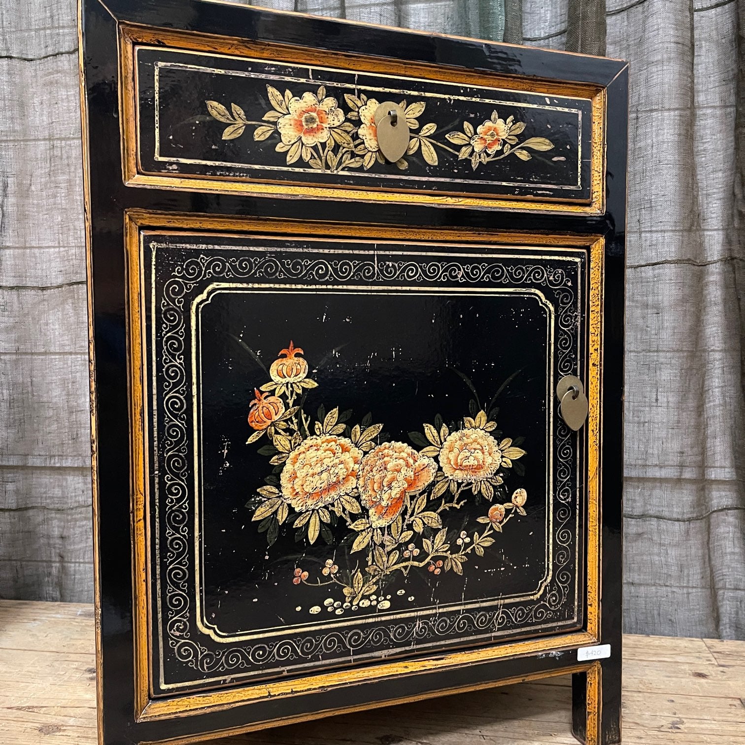 Provincial Style Chinese Black Lacquered Side Cabinet
