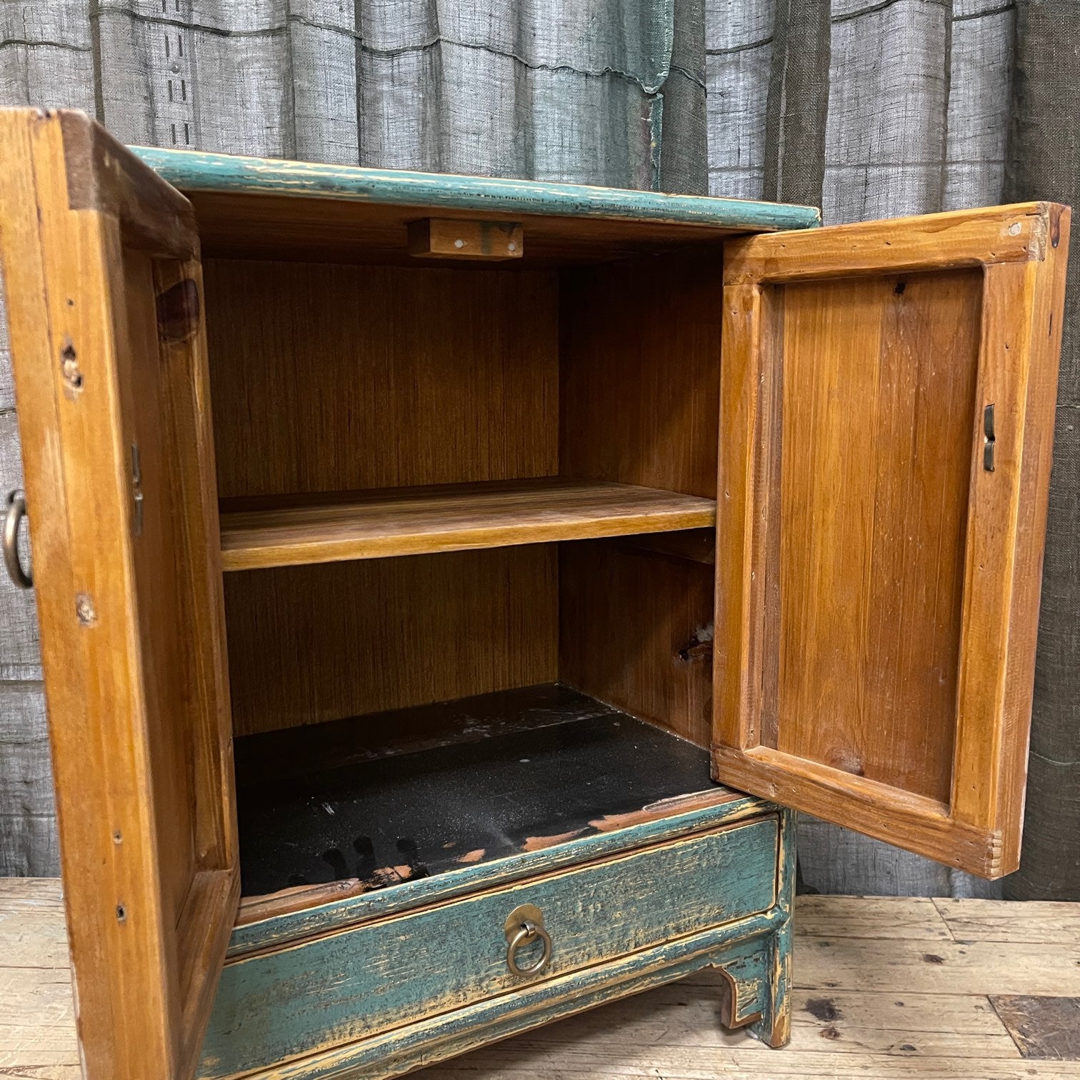Provincial Style Chinese Teal Lacquered Side Cabinet