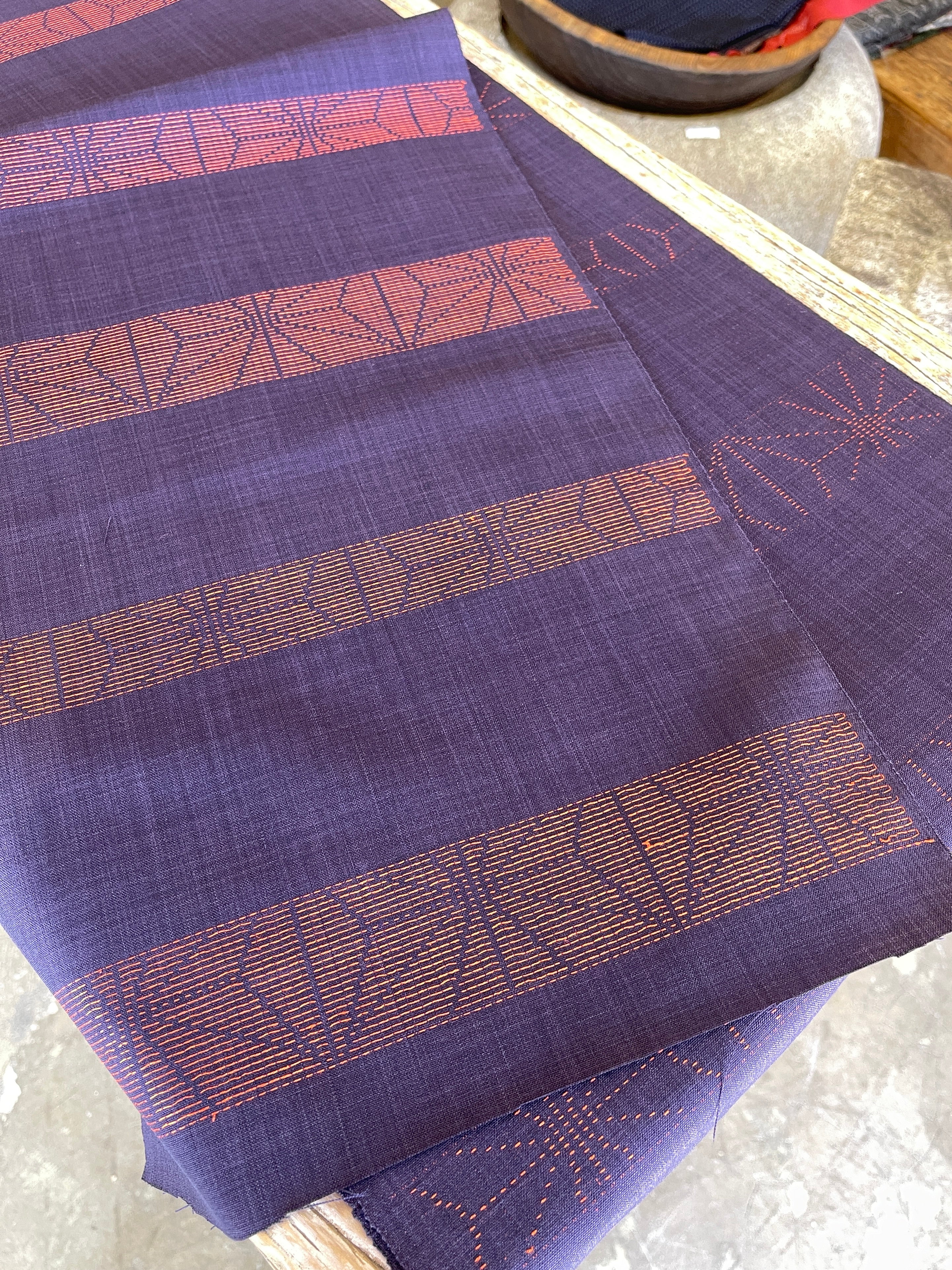 Japanese Wool & Cotton Fabric, Sashiko-style, Geometric stitching Pattern