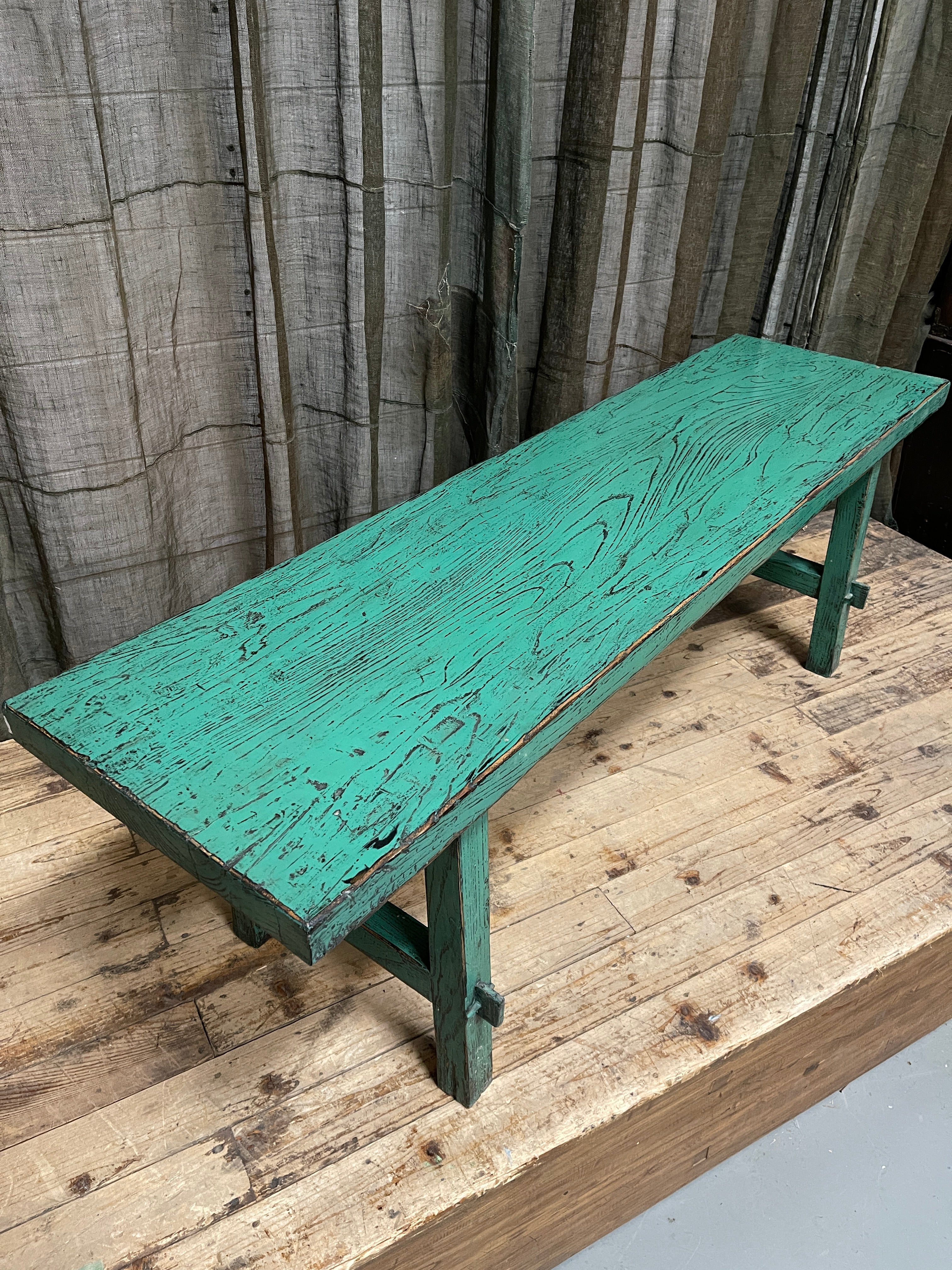 Provincial Chinese Light Green Painted Bench