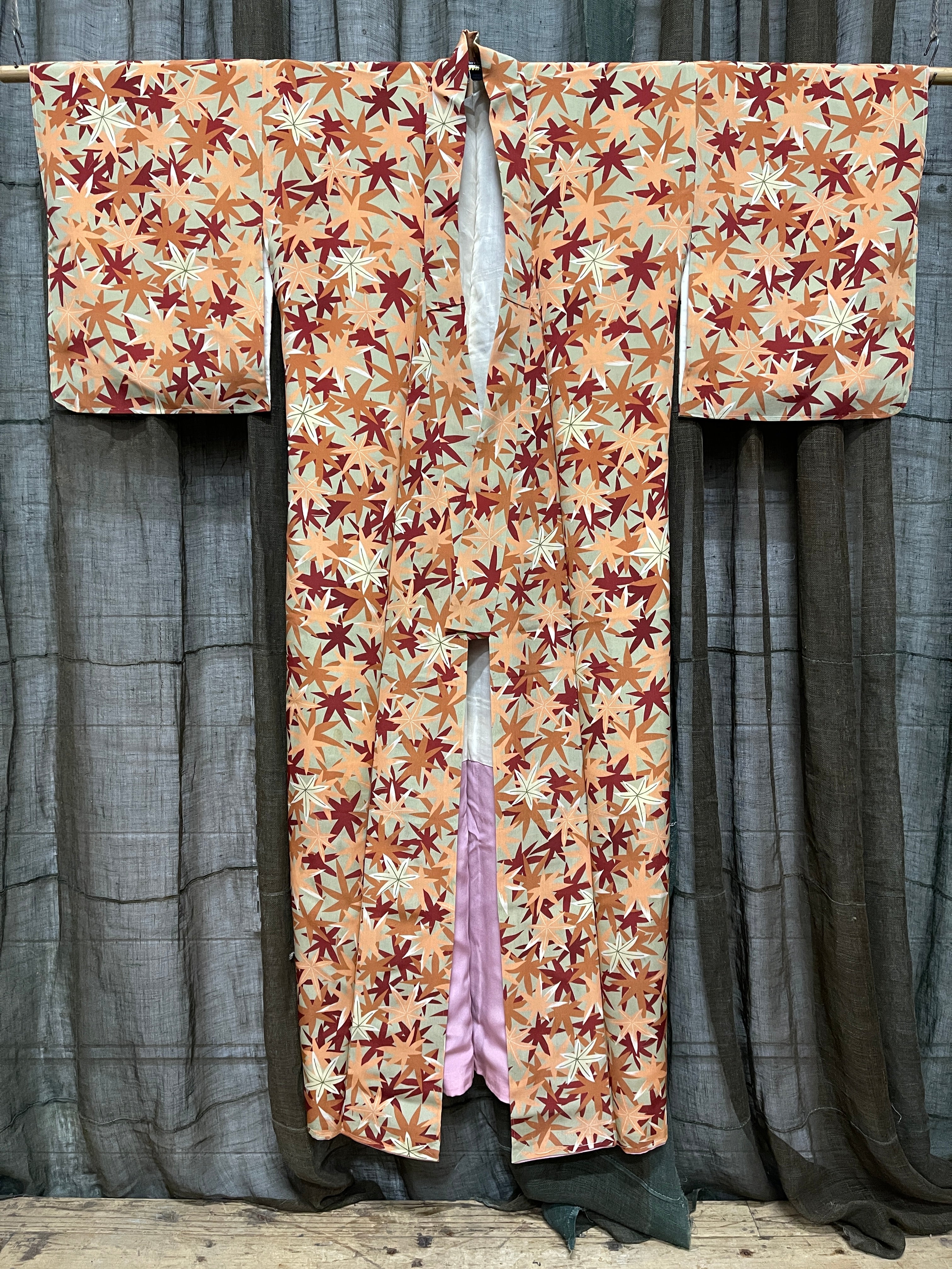 Vintage Japanese Silk Kimono | Maple Leaves Pattern