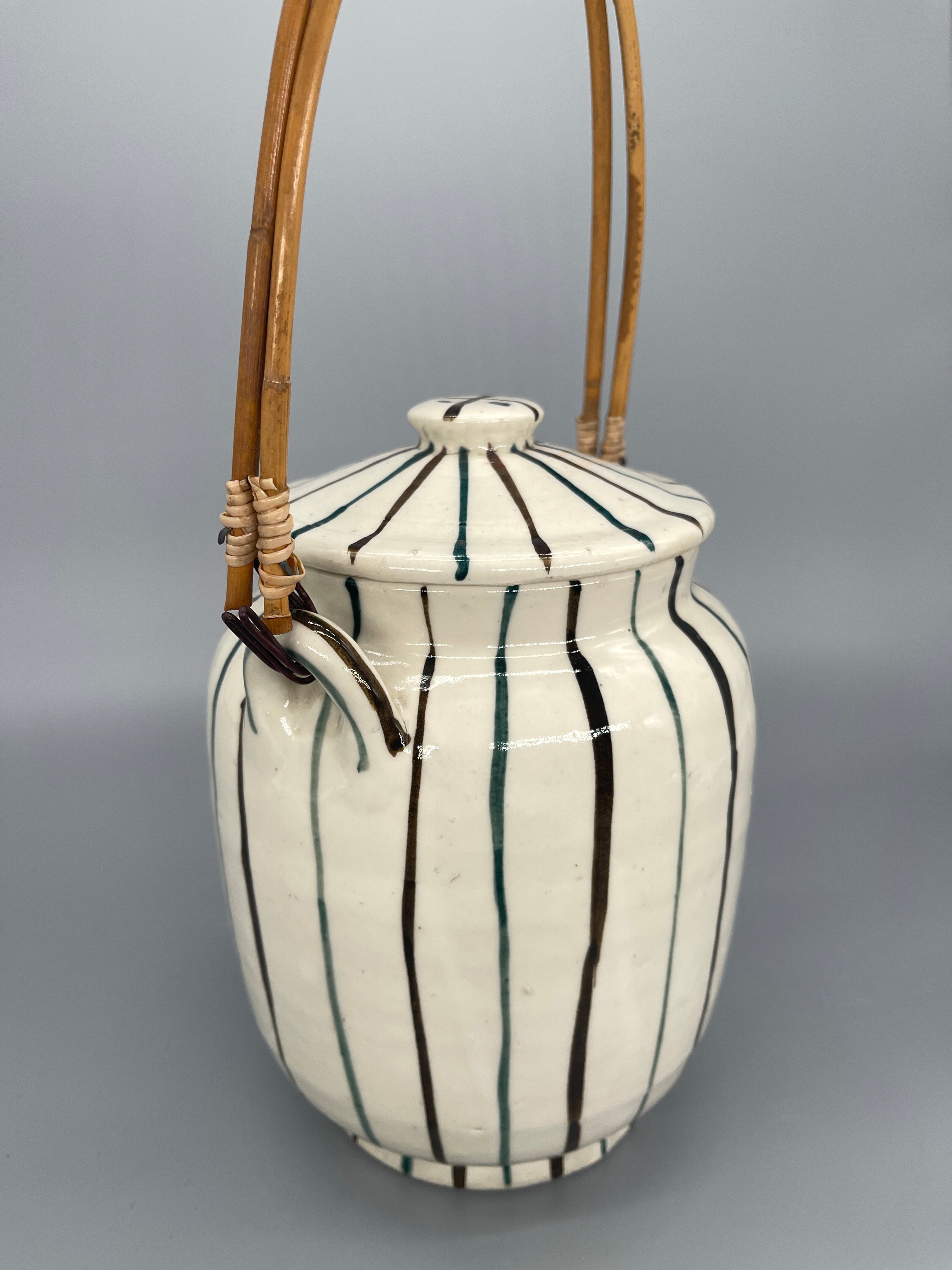 Vintage Japanese Fire Extinguishing Pot - White with Brown & Green Lines