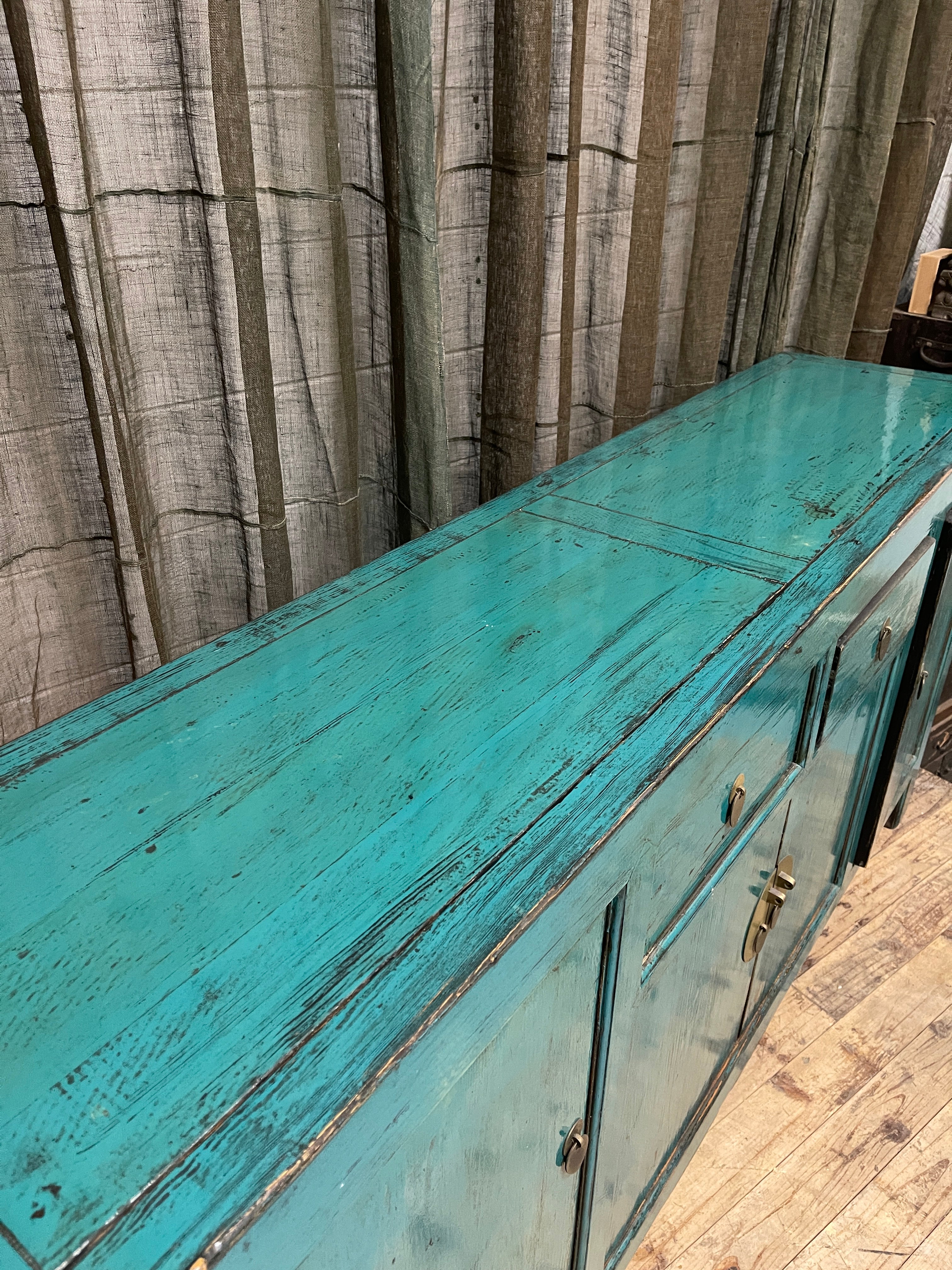 Chinese Teal Lacquered Cabinet, Round Medallion Pull