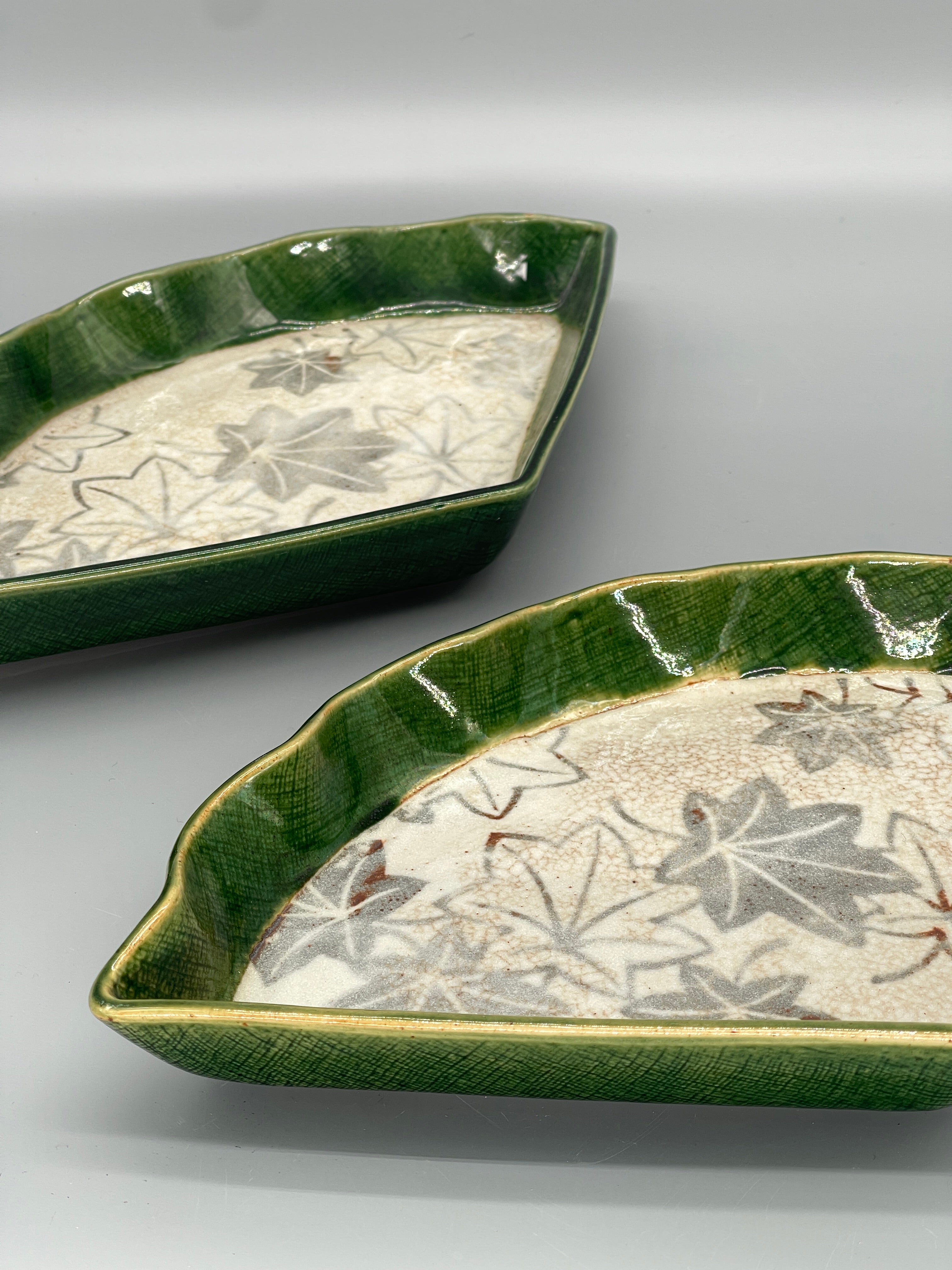 Vintage Japanese Fan Shape Serving Plates, Oribe Glaze