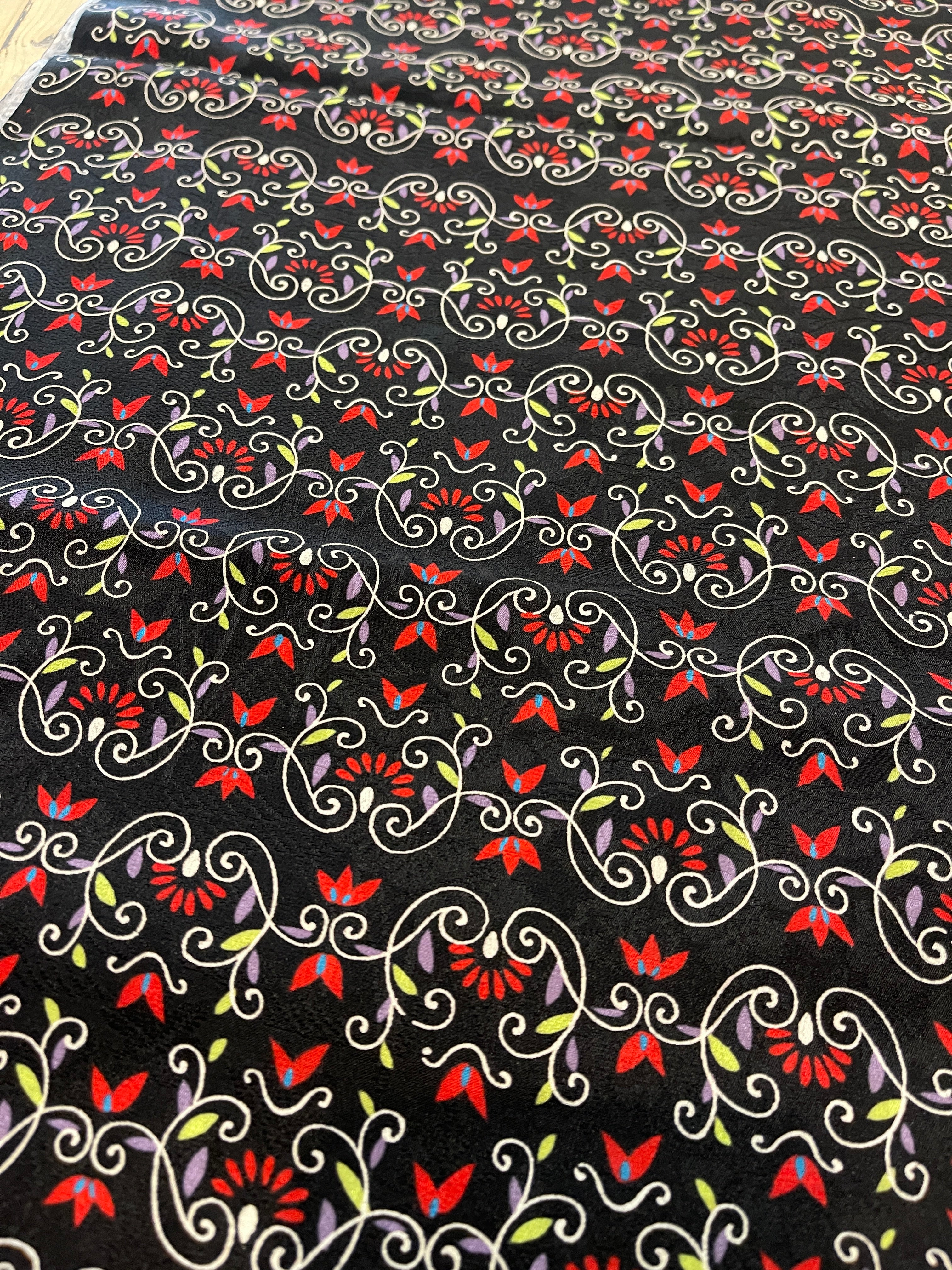 Japanese Silk Fabric, Black With Floral Pattern