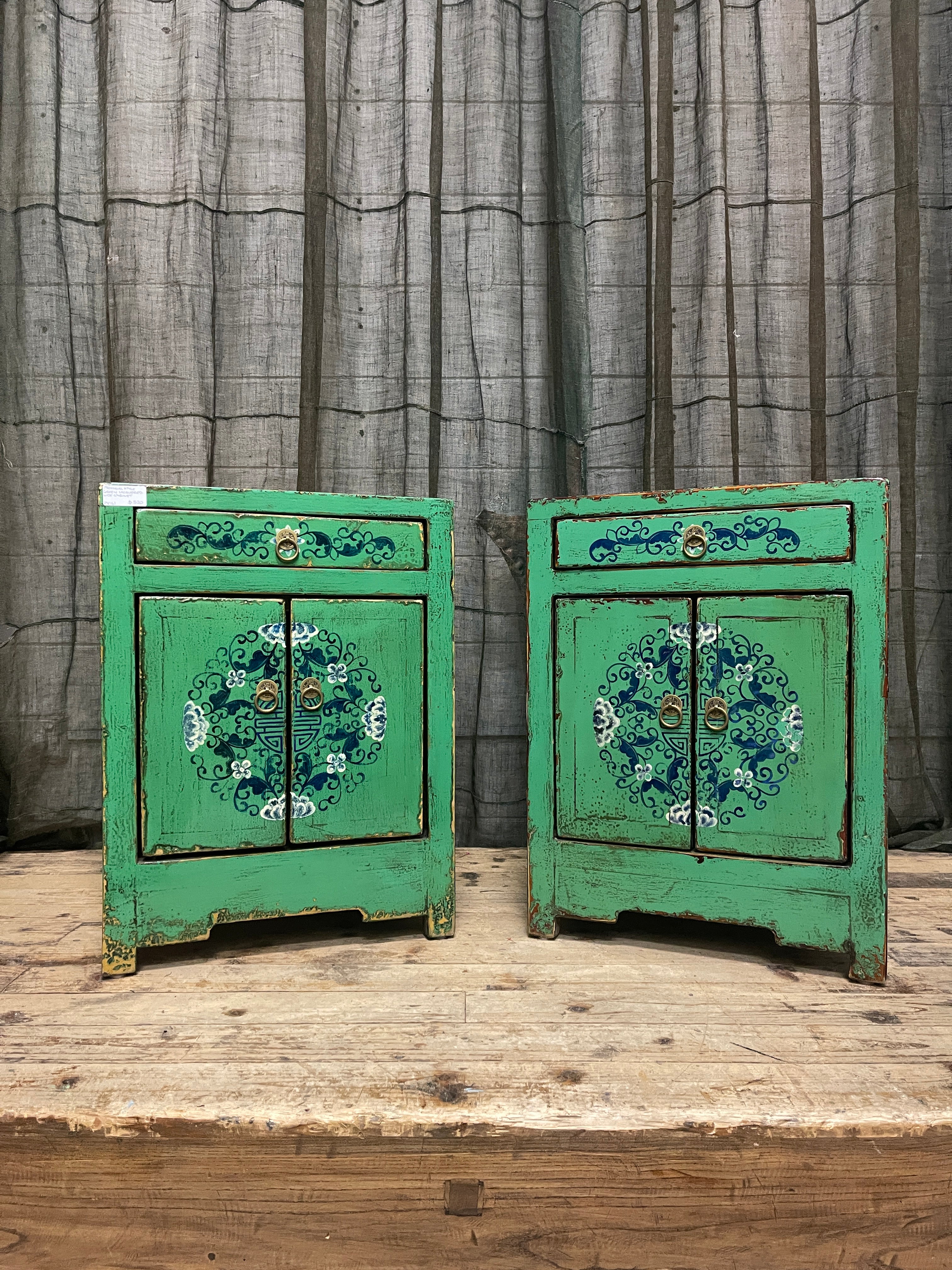 Chinese Green Lacquered Side Cabinet