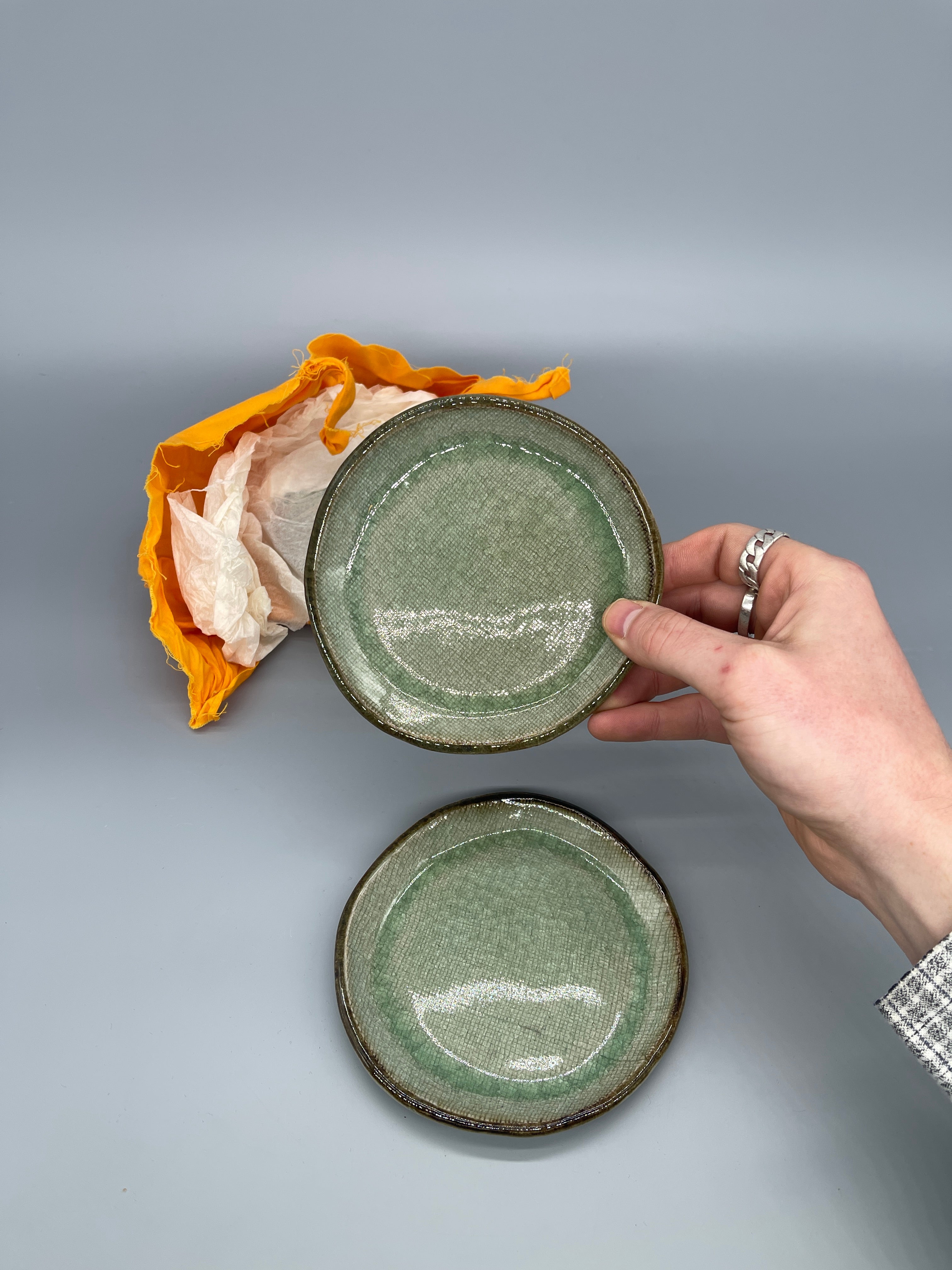 Set of Vintage Japanese Side Plates, Green Crackle Glaze