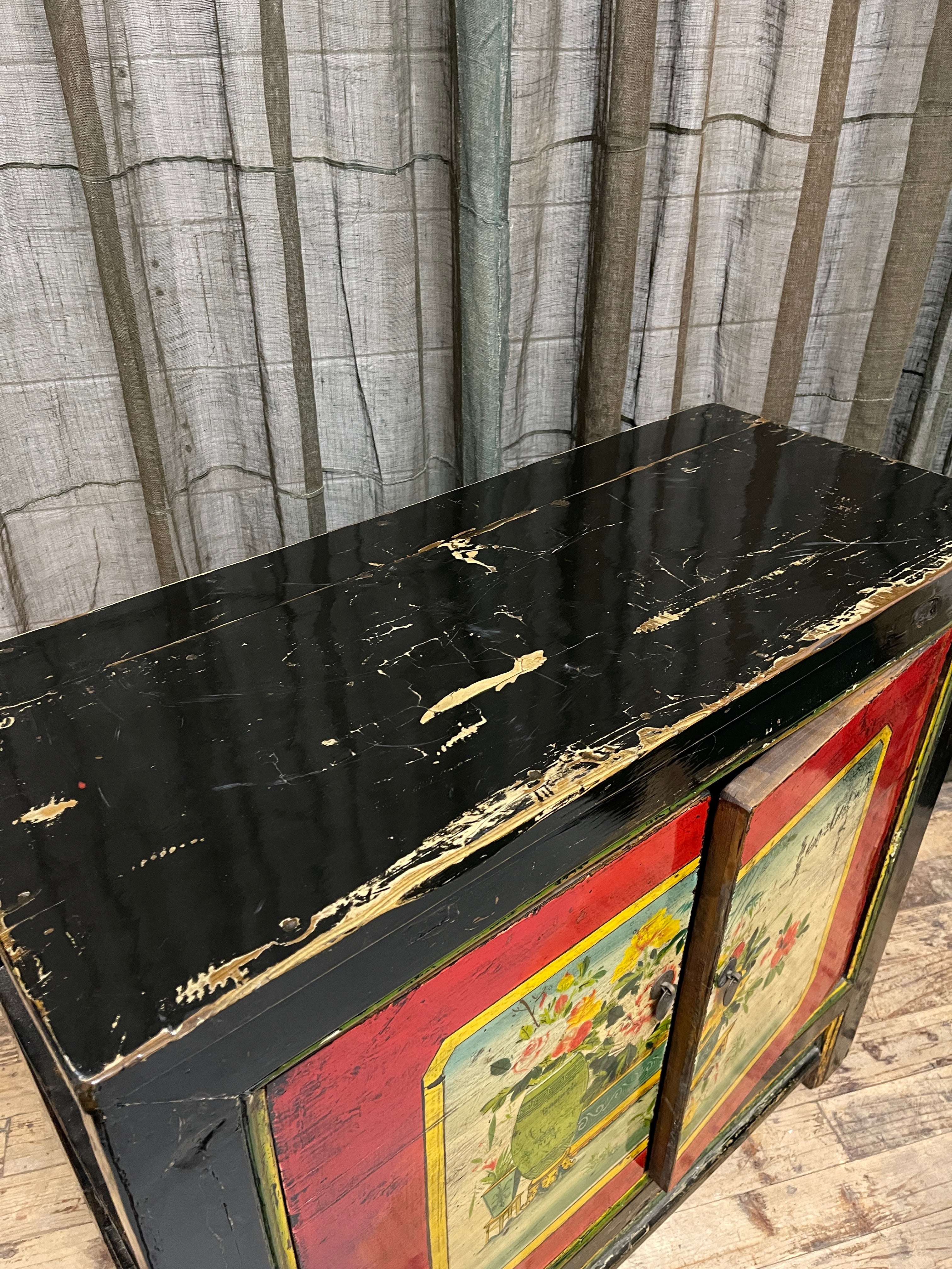 Antique Chinese Painted Cabinet, Original Finish, Vase & Floral Still Life