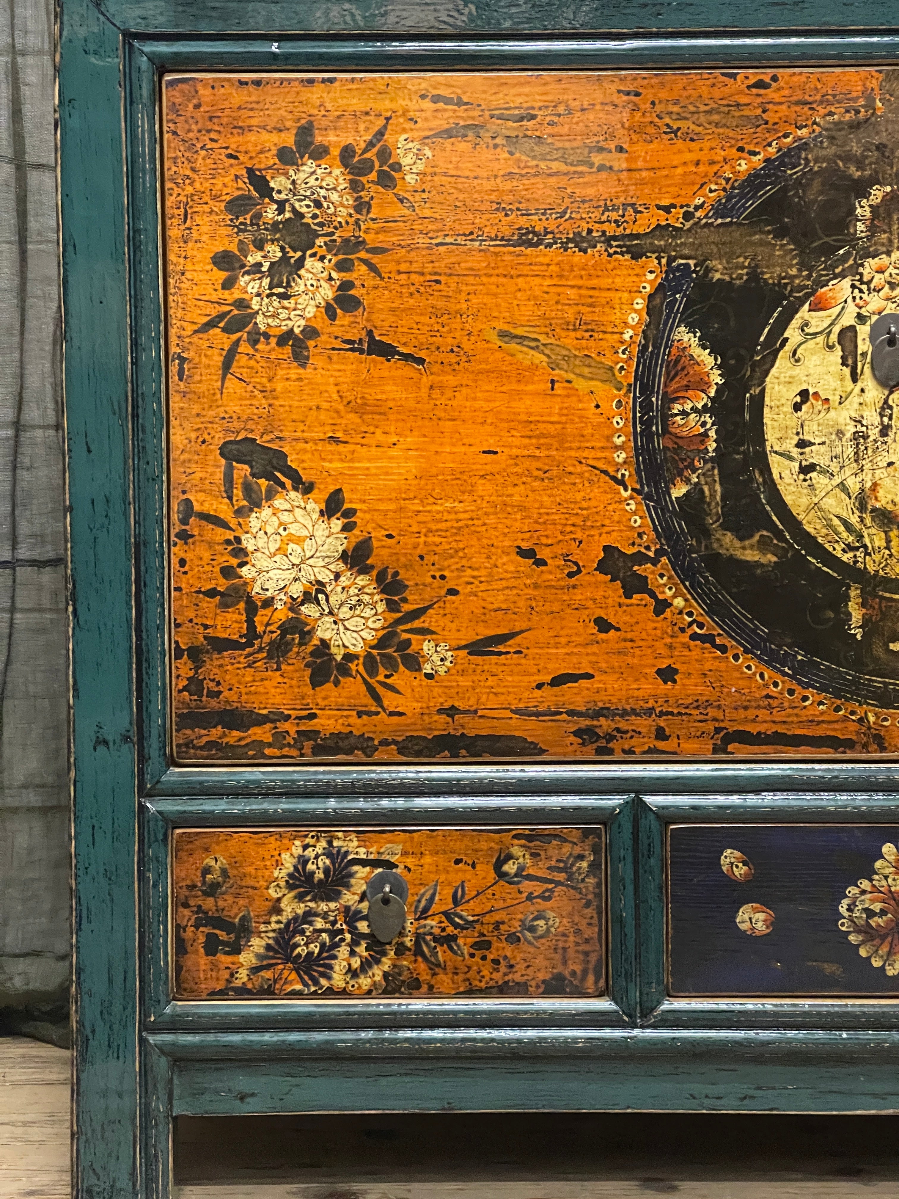 Chinese Teal & Orange Lacquered Cabinet