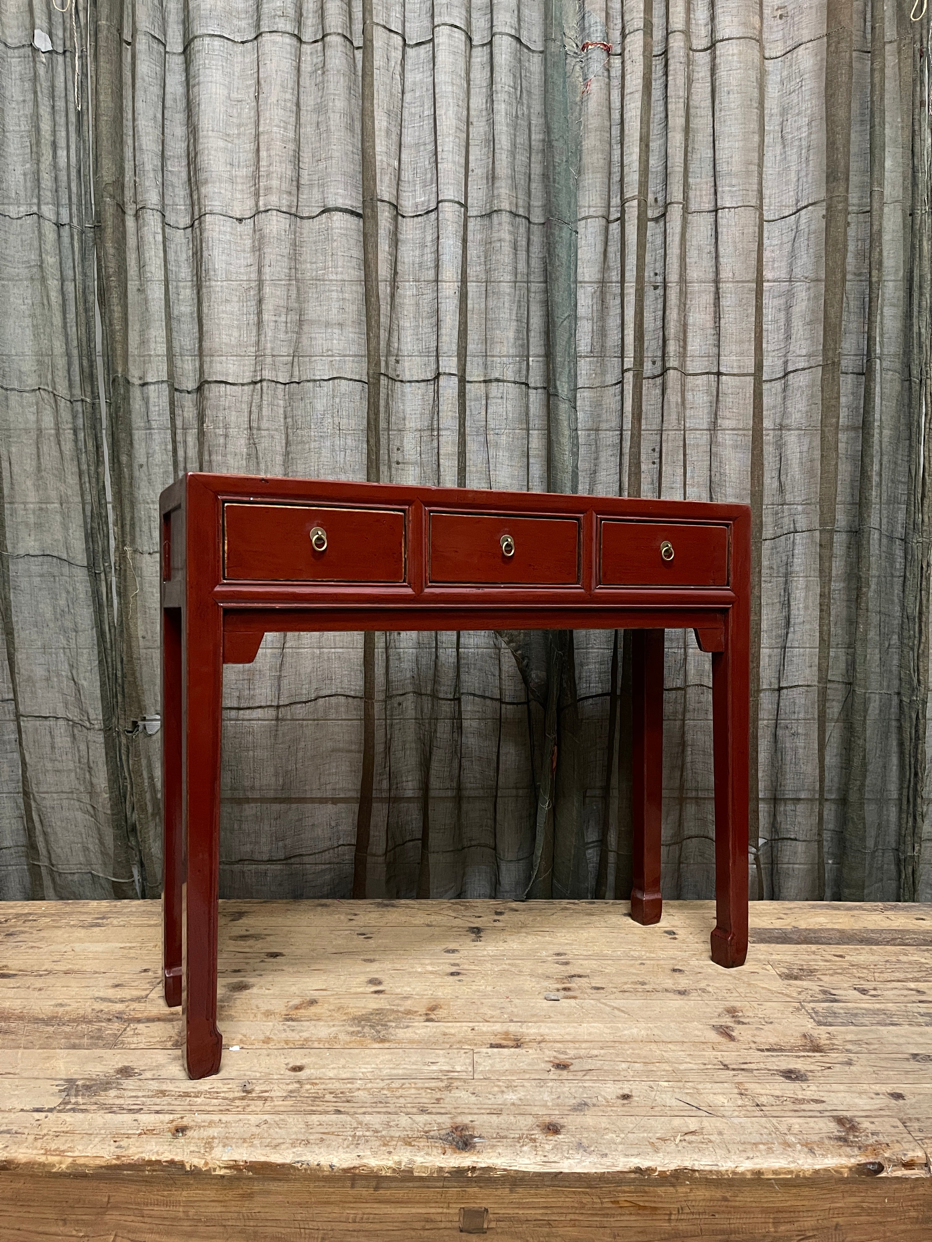 Chinese Red Lacquered Hall Table, 3 Drawer