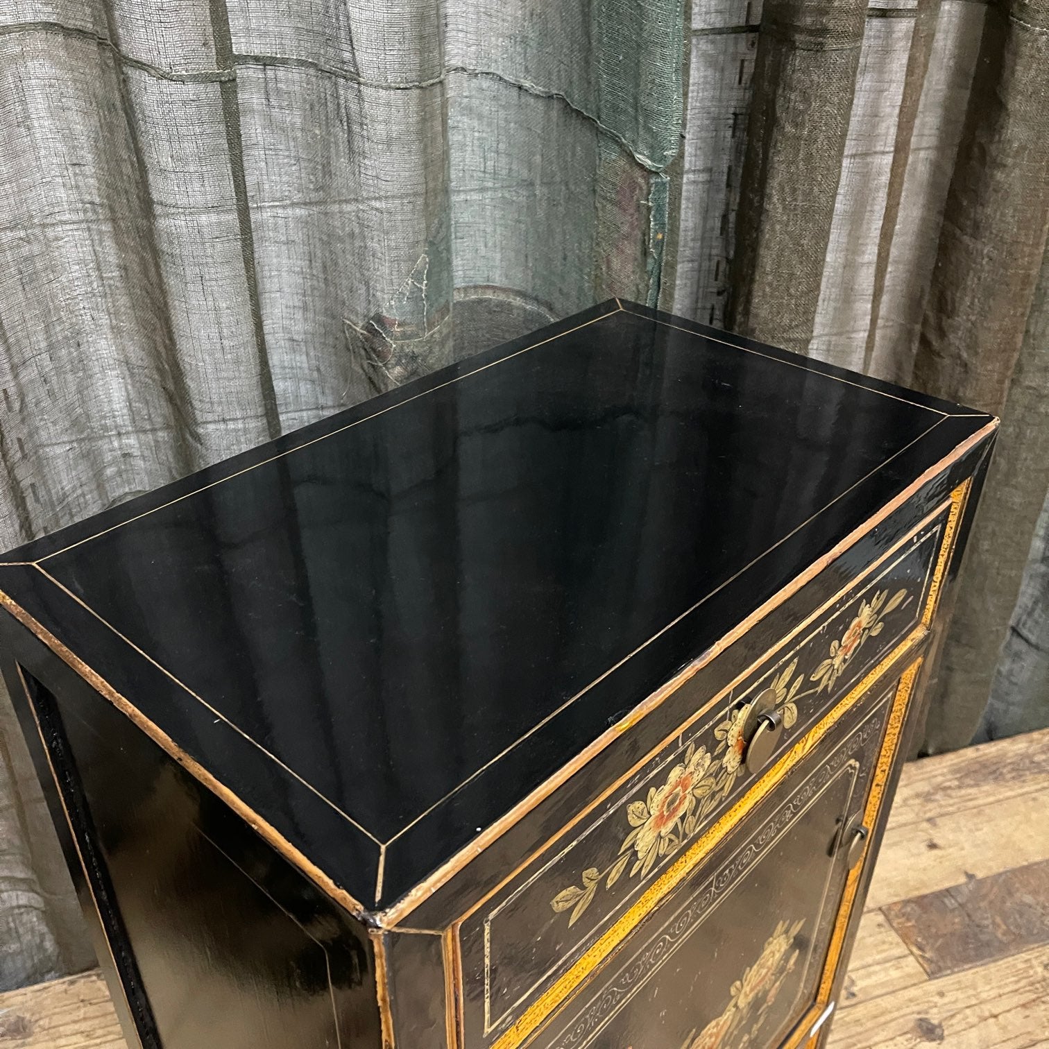 Provincial Style Chinese Black Lacquered Side Cabinet