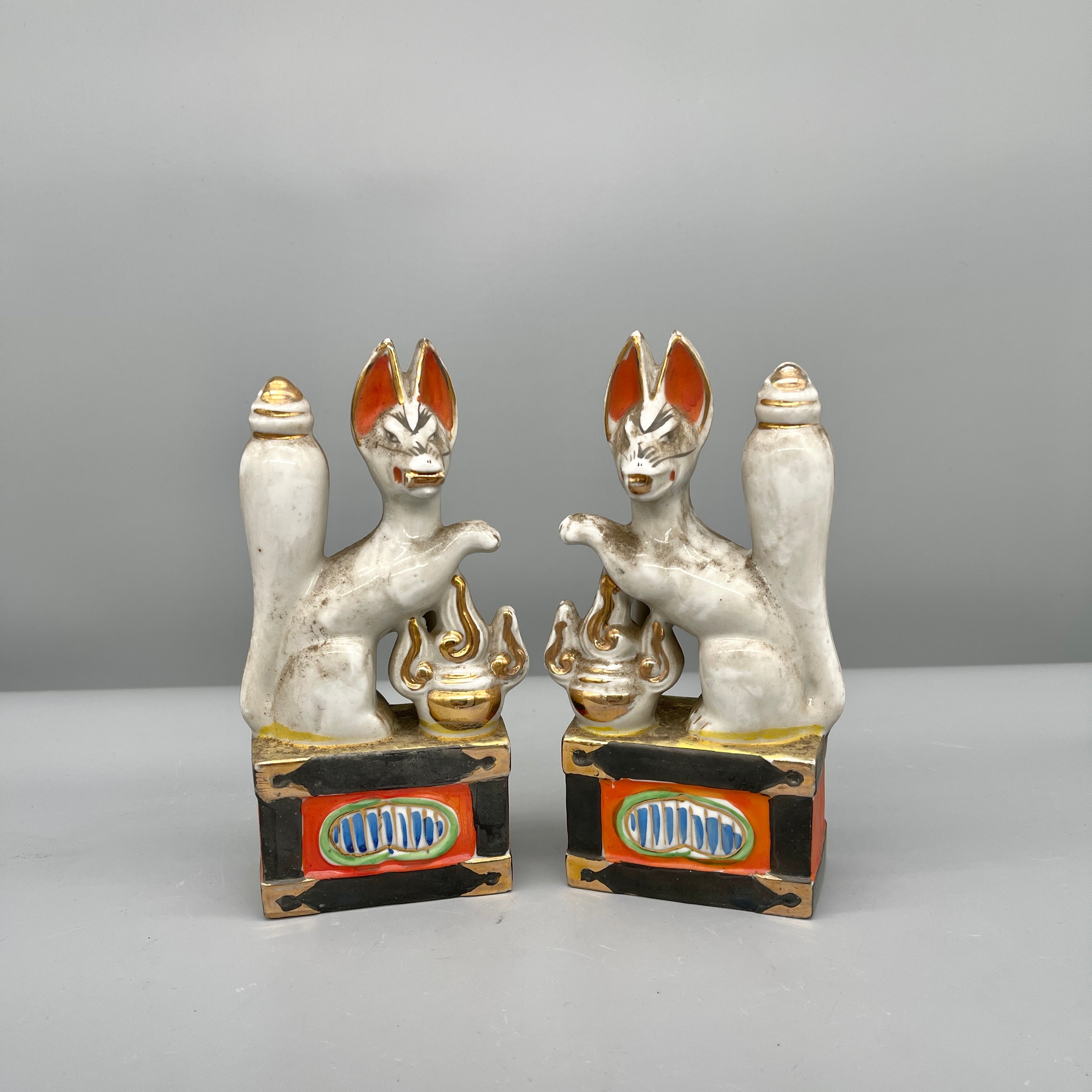 Pair of Vintage Japanese Porcelain Kitsune Statues