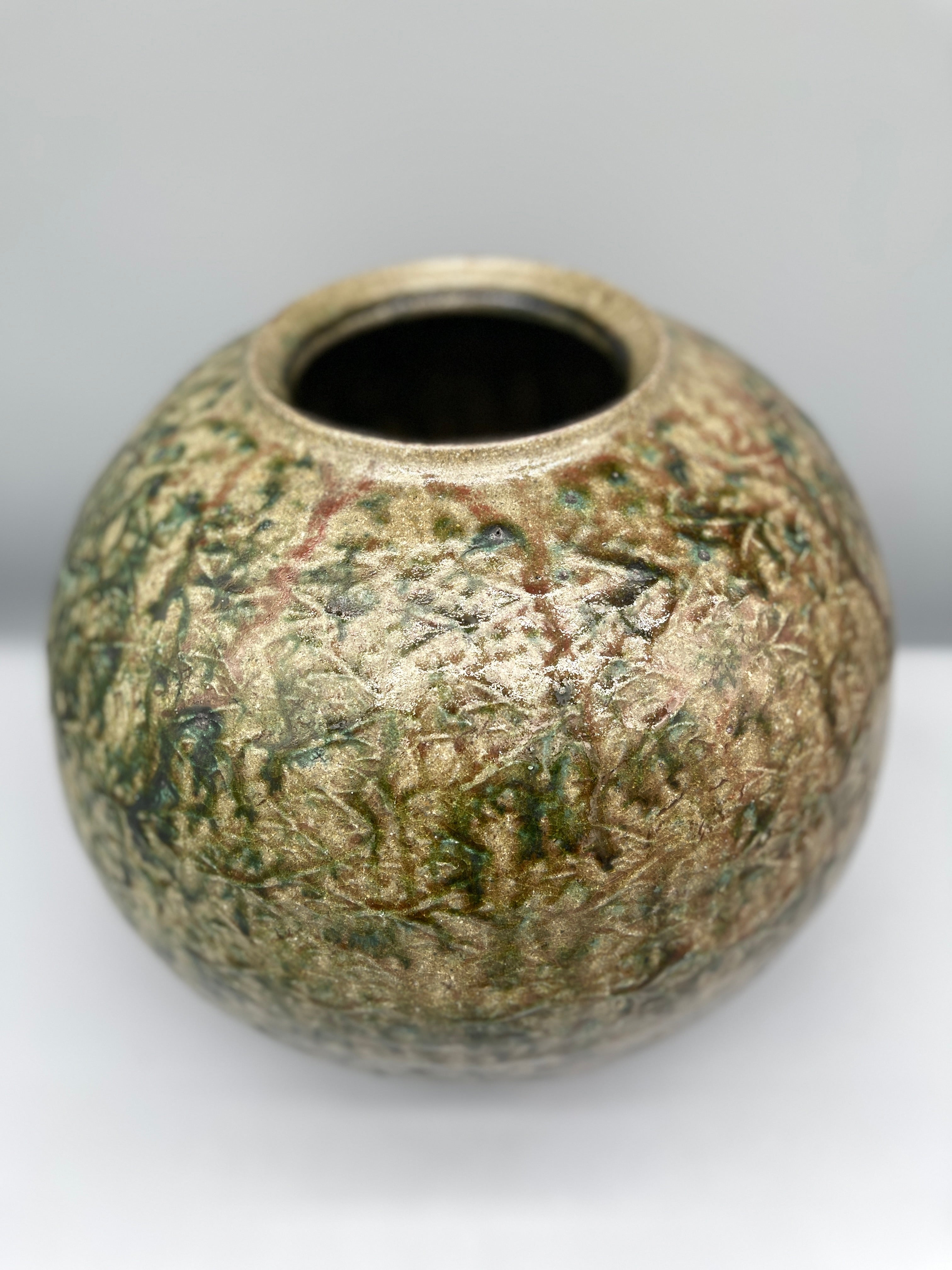 Large Vintage Japanese Round Vase - Green Moss Glaze
