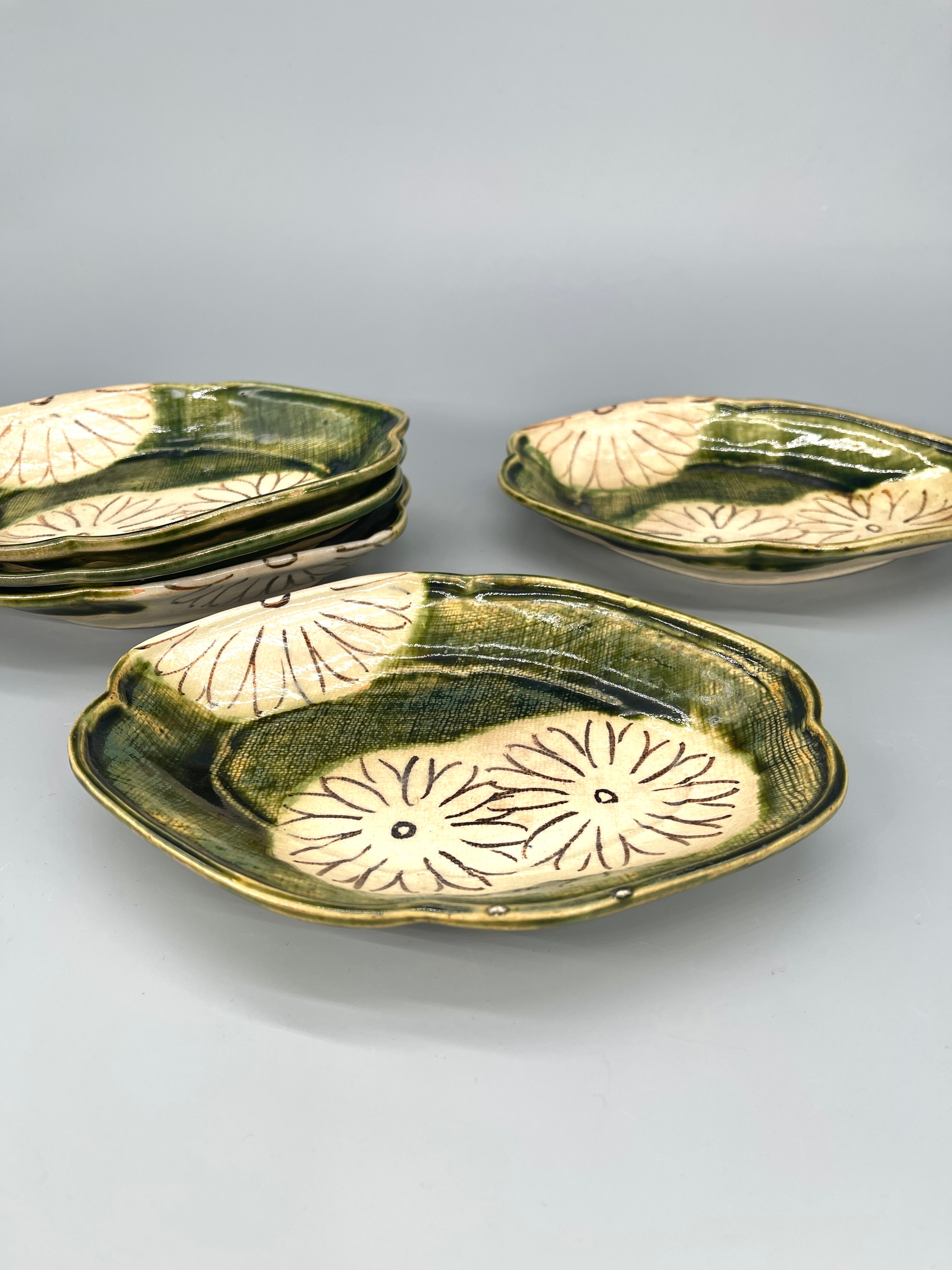 Set of Five Vintage Japanese Side Plates, Oribe Glaze