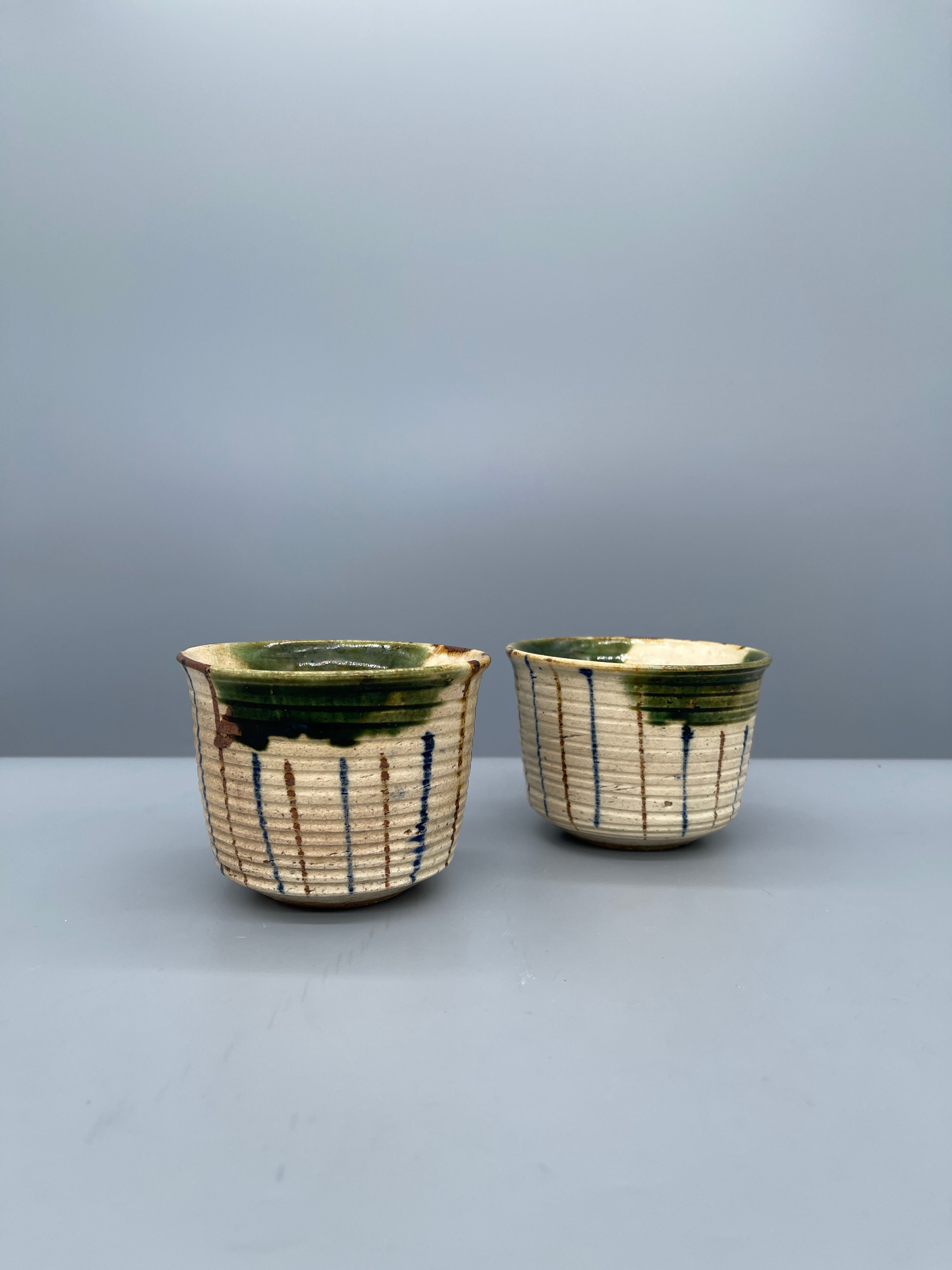 Vintage Japanese Oribe Tea Cups, Set of Two - Stoneware