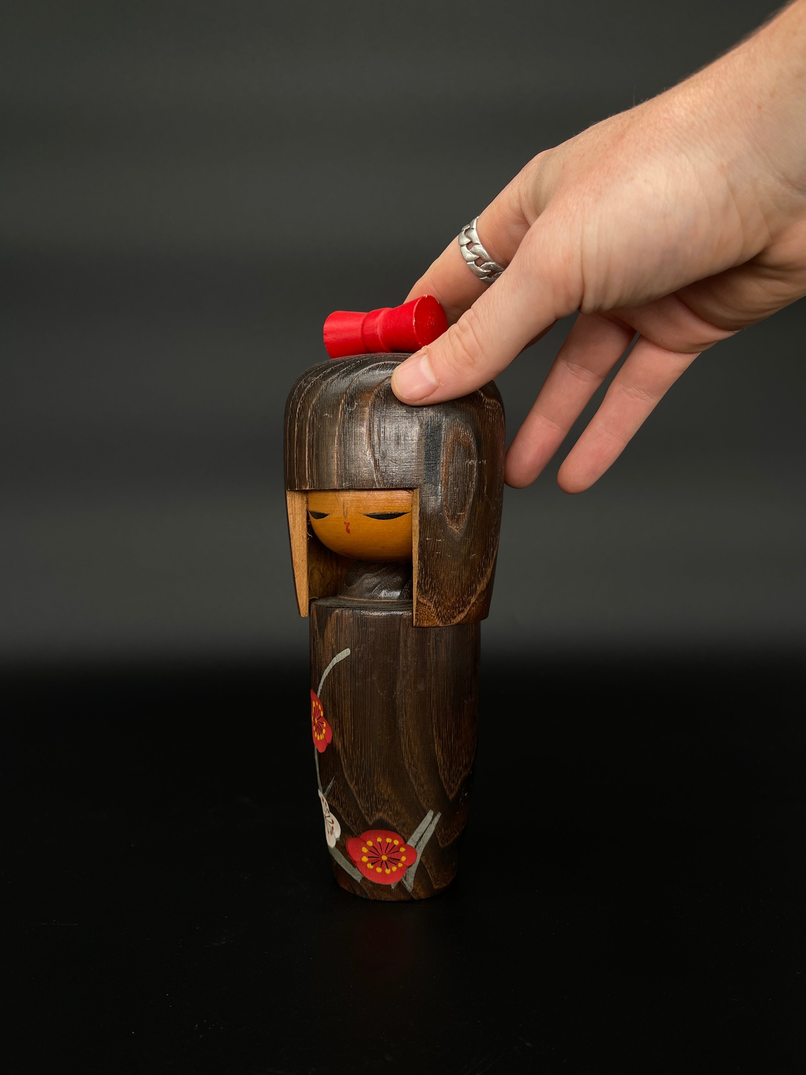 Vintage Japanese Kokeshi Doll with Plum Blossom Design Kimono