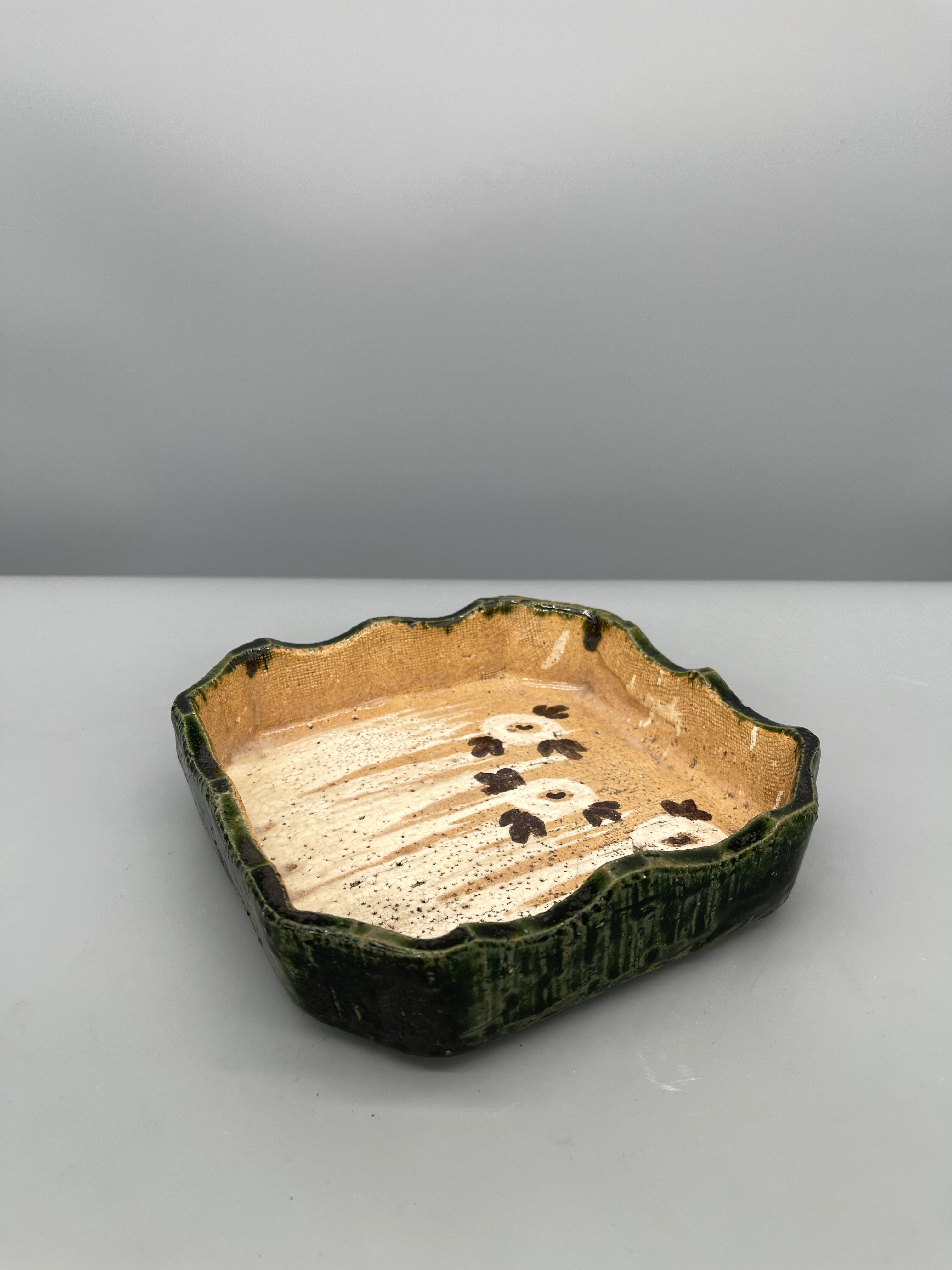 Vintage Japanese Square Dish, Oribe Green Glaze