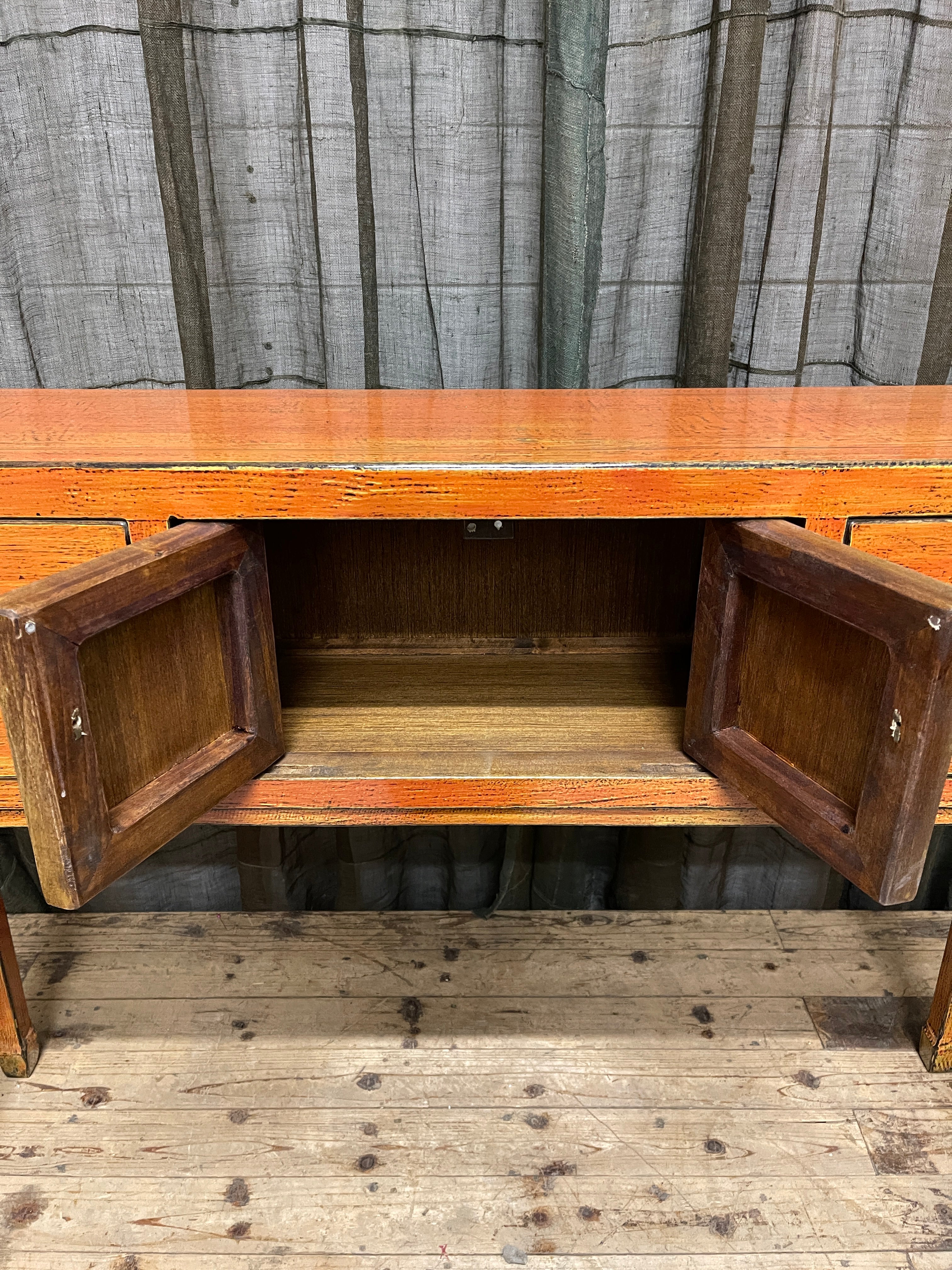 Chinese Orange Lacquered Hall Table, Floral Medallion