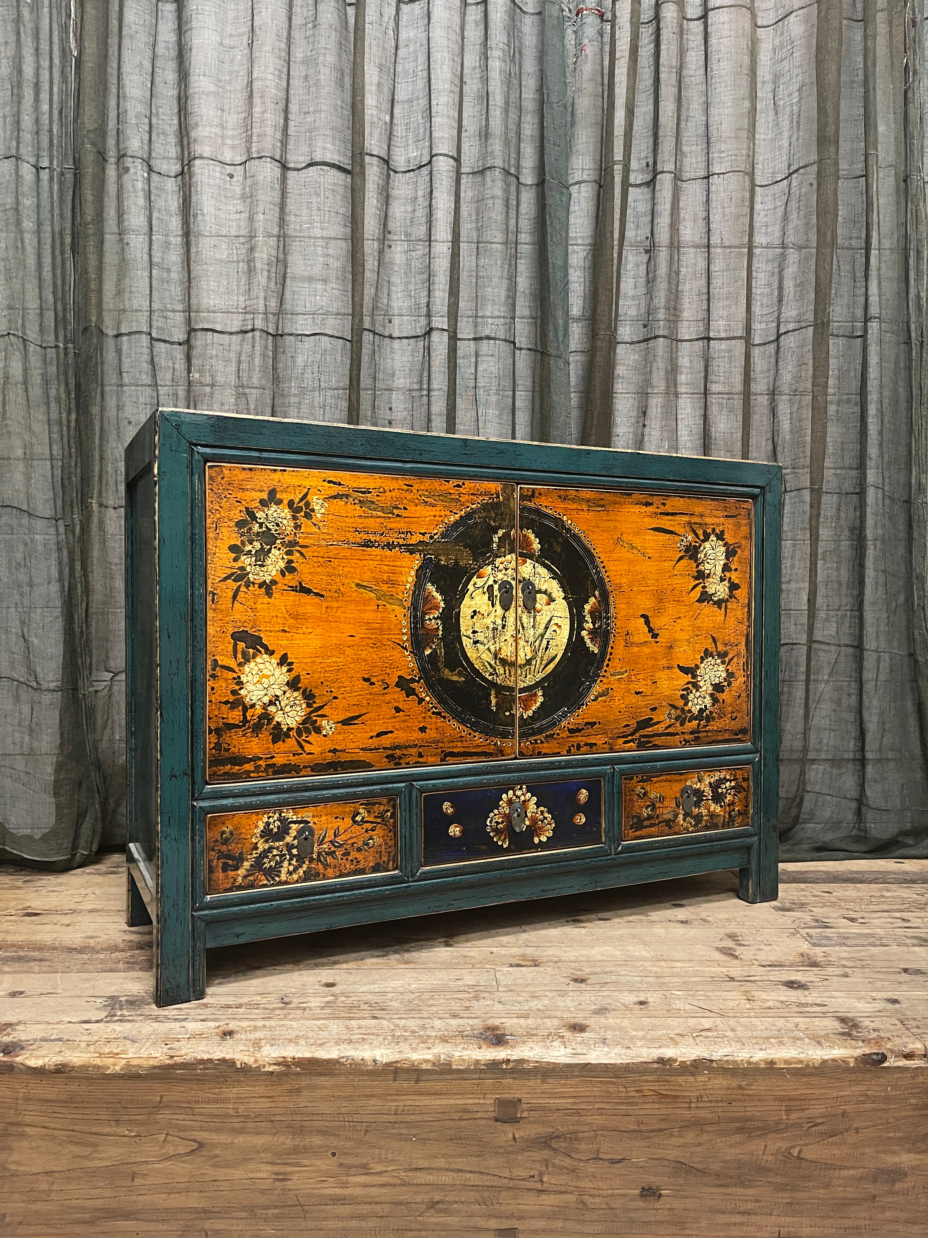 Chinese Teal & Orange Lacquered Cabinet