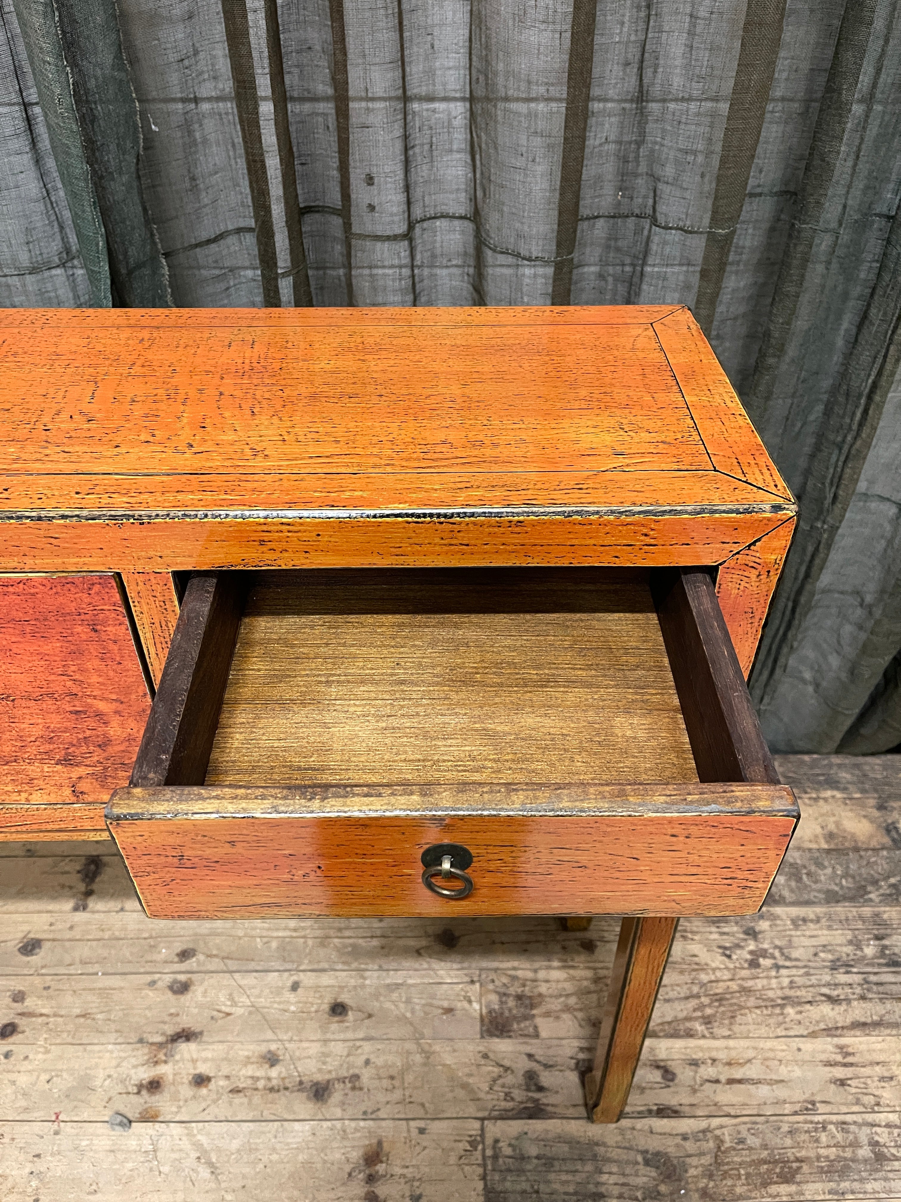 Chinese Orange Lacquered Hall Table, Floral Medallion
