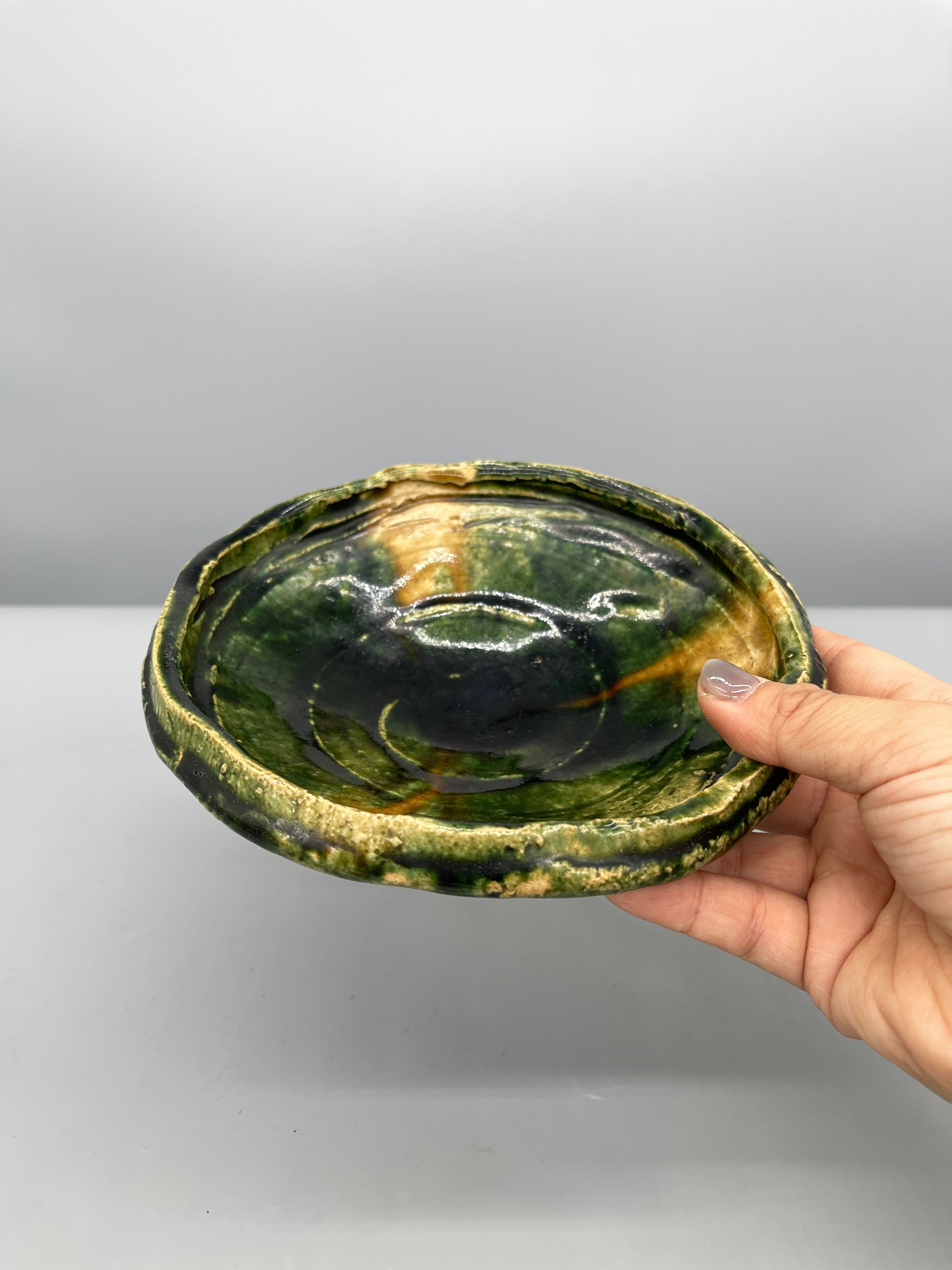 Vintage Japanese Dish, Oribe Green Glaze