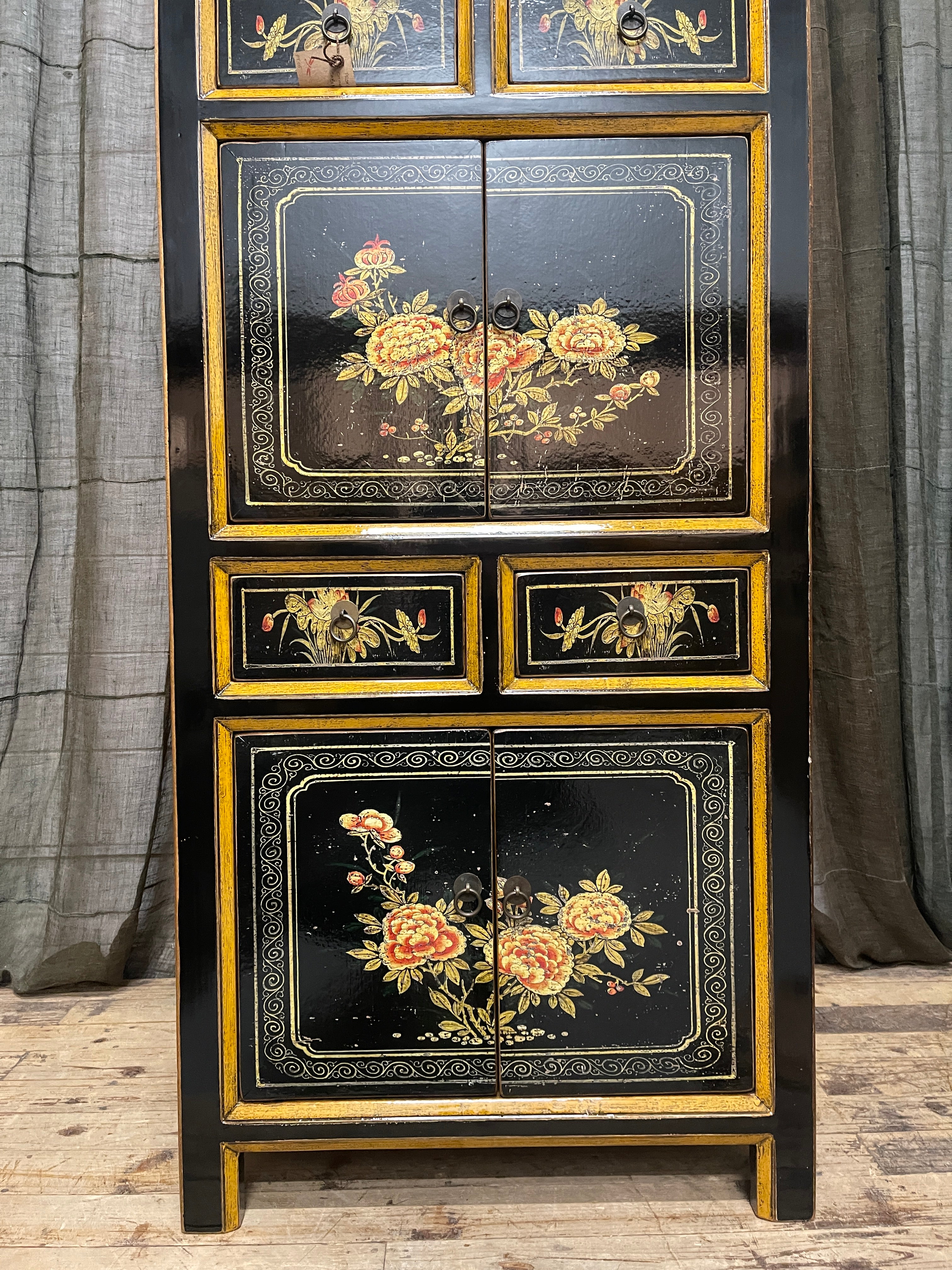 Provincial Style Chinese Black Lacquered Tall Cabinet