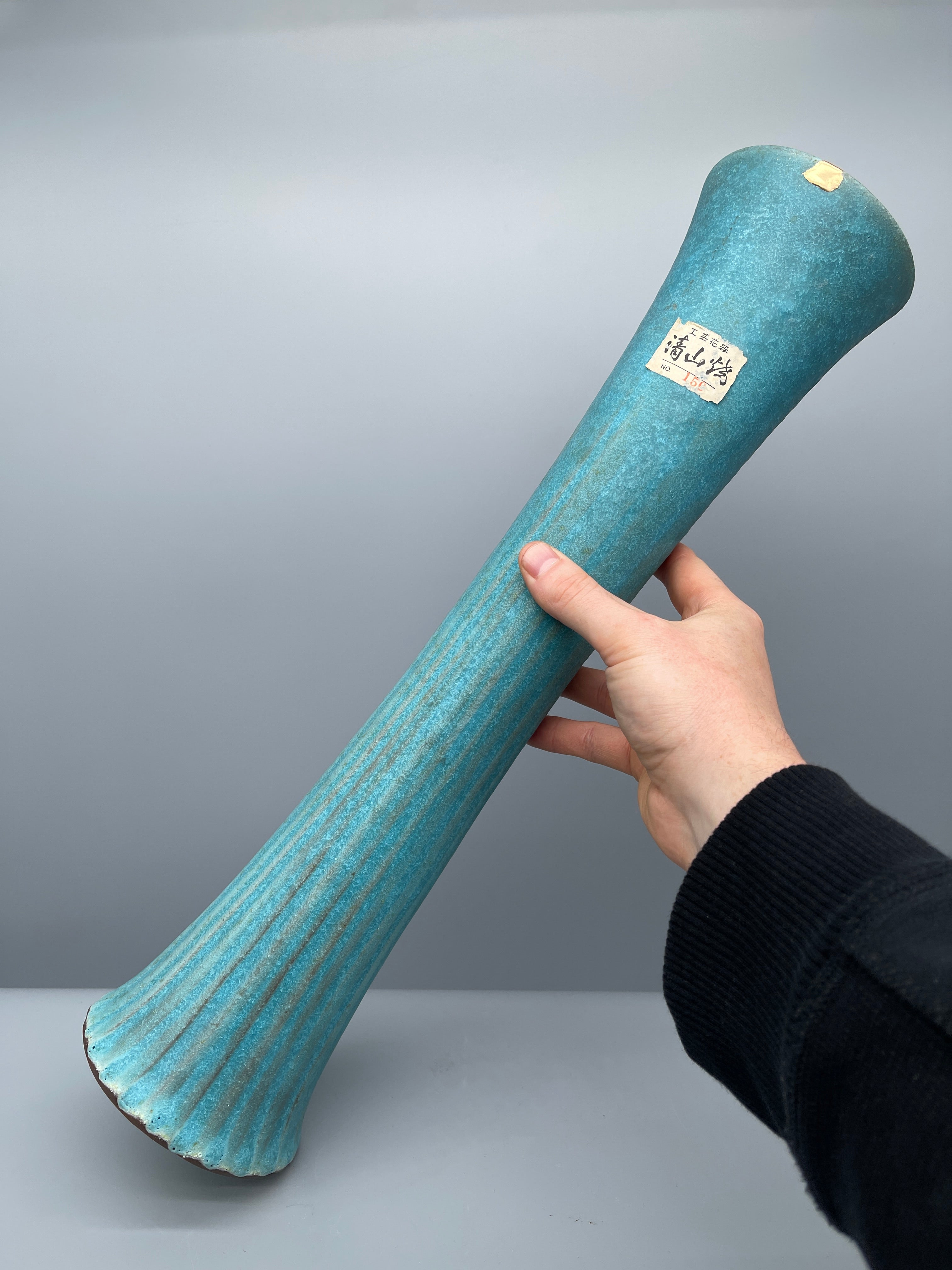 Midcentury Japanese Ikebana Vase, Blue Glaze & Kintsugi Repair