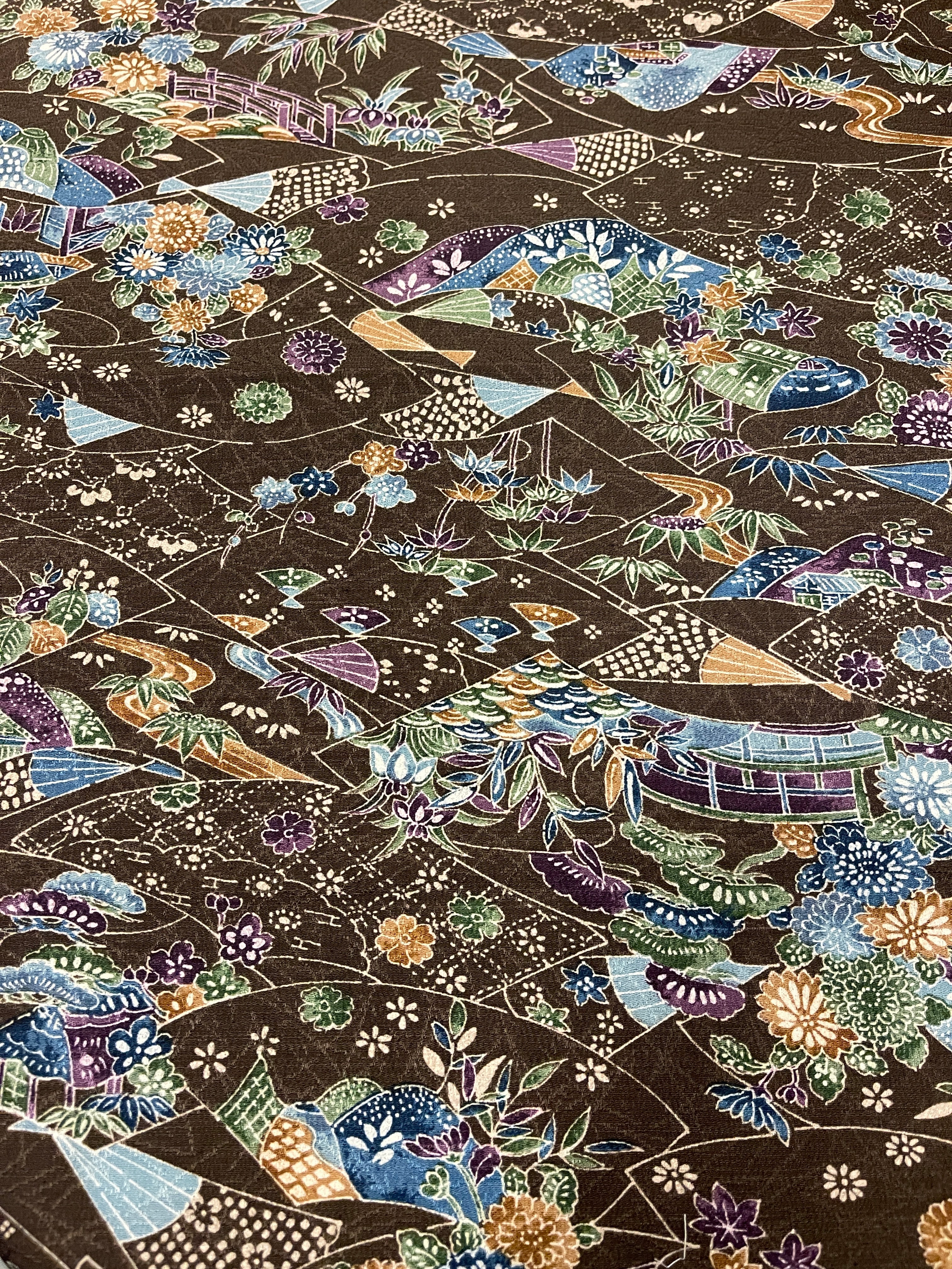 Japanese Silk Brown with Colourful Garden