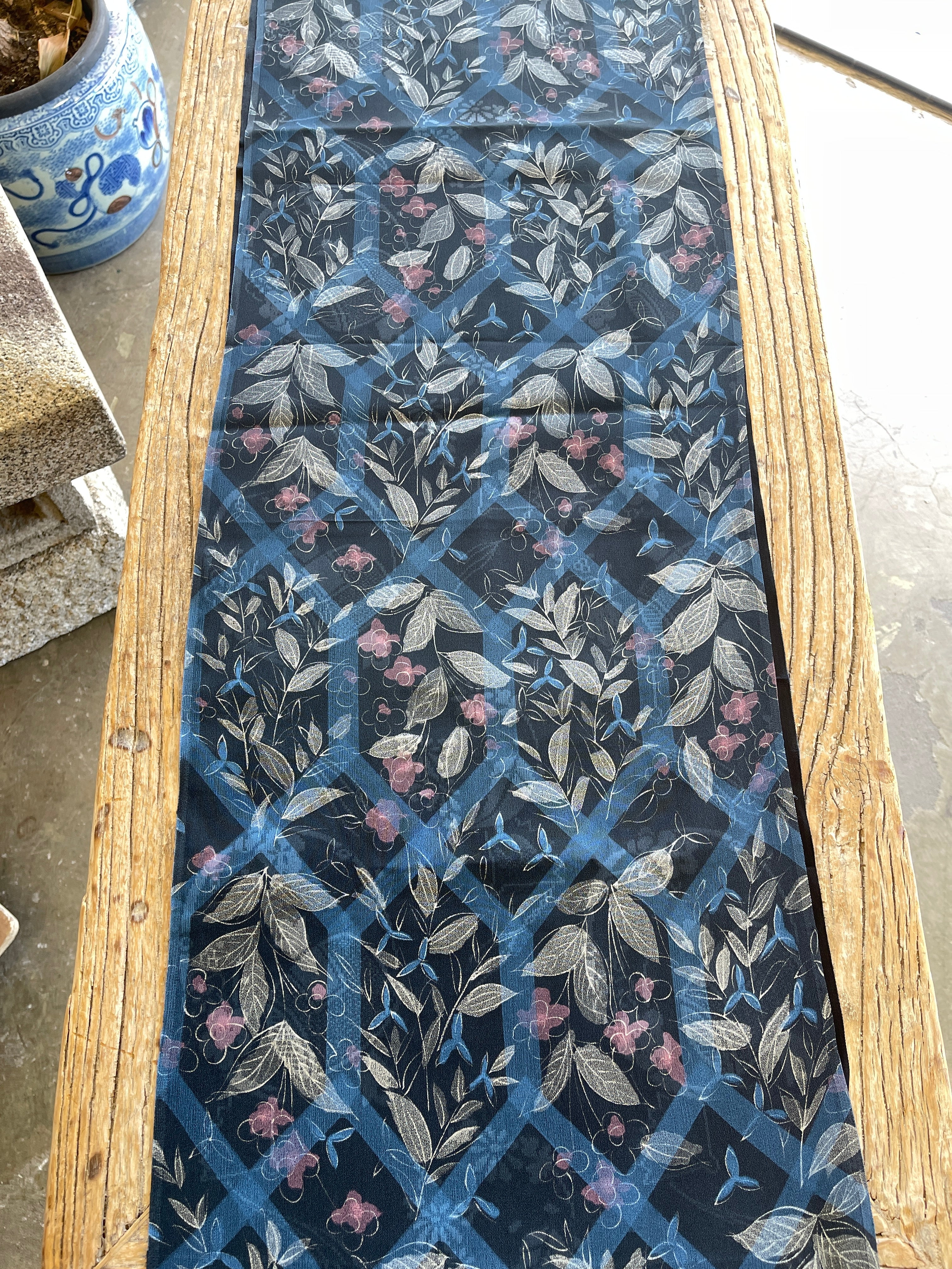 Japanese Silk Fabric, Black with Floral and Geometric Patterns