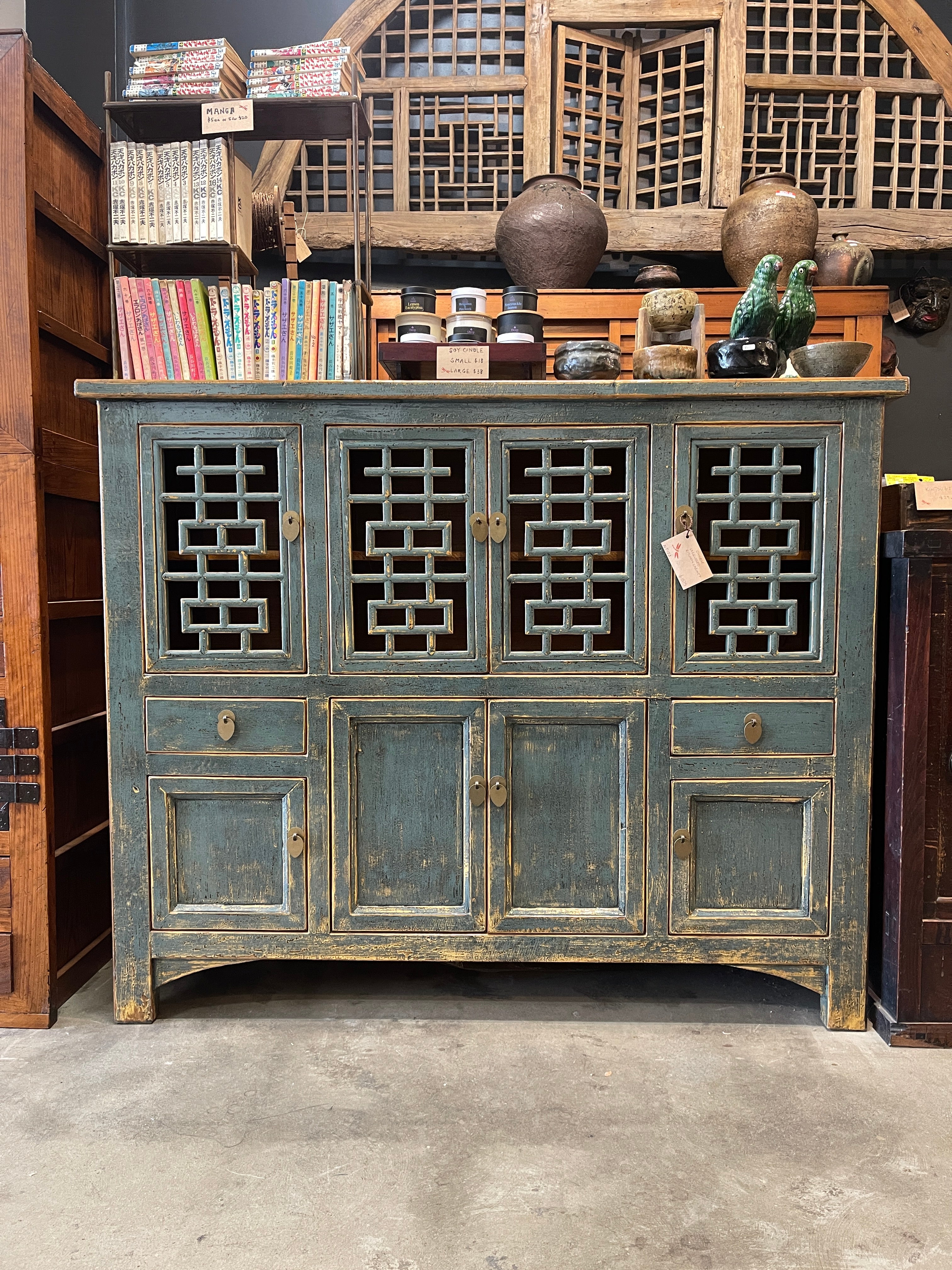 Chinese Blue-Gray Lacquered Kitchen Cabinet