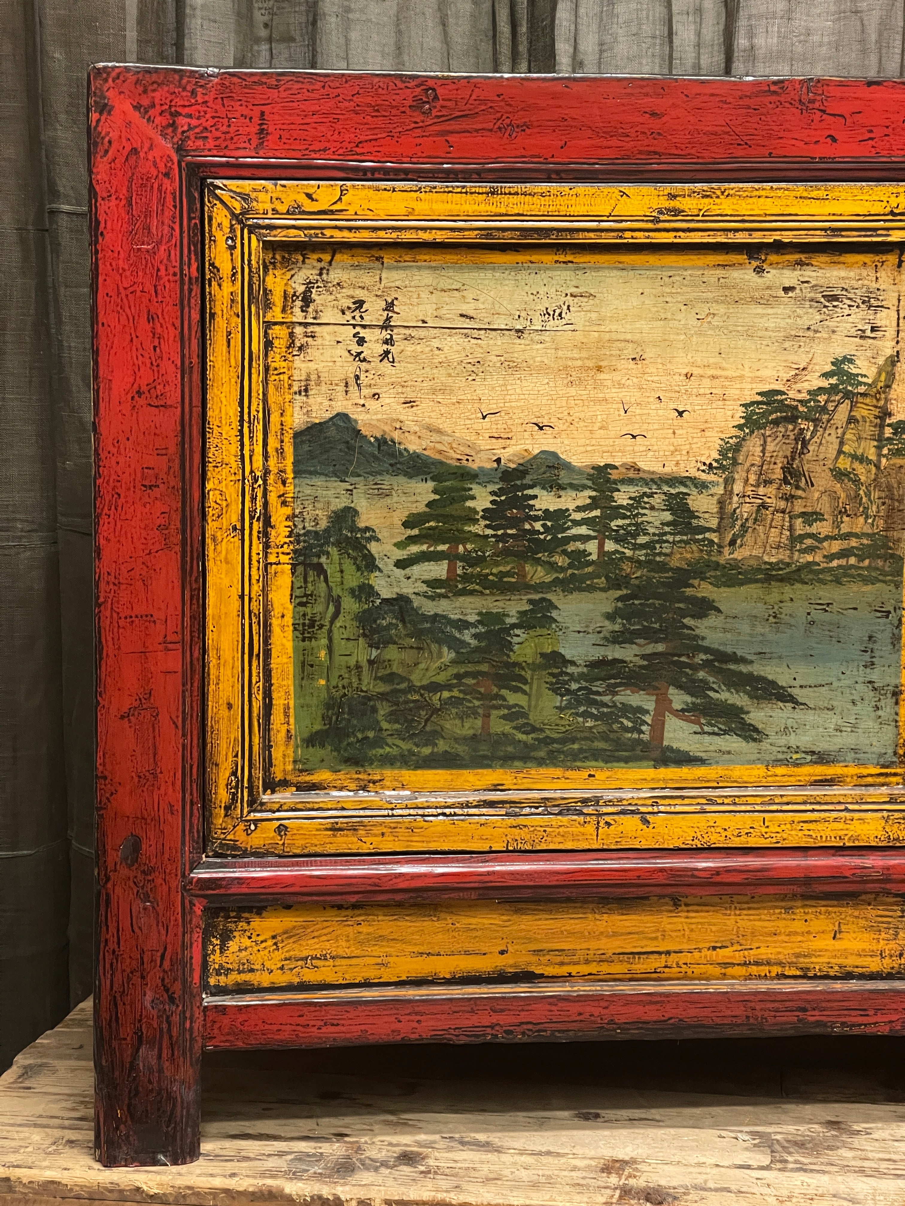 Antique Chinese Sideboard, Original Painted Finish, Landscape Panels