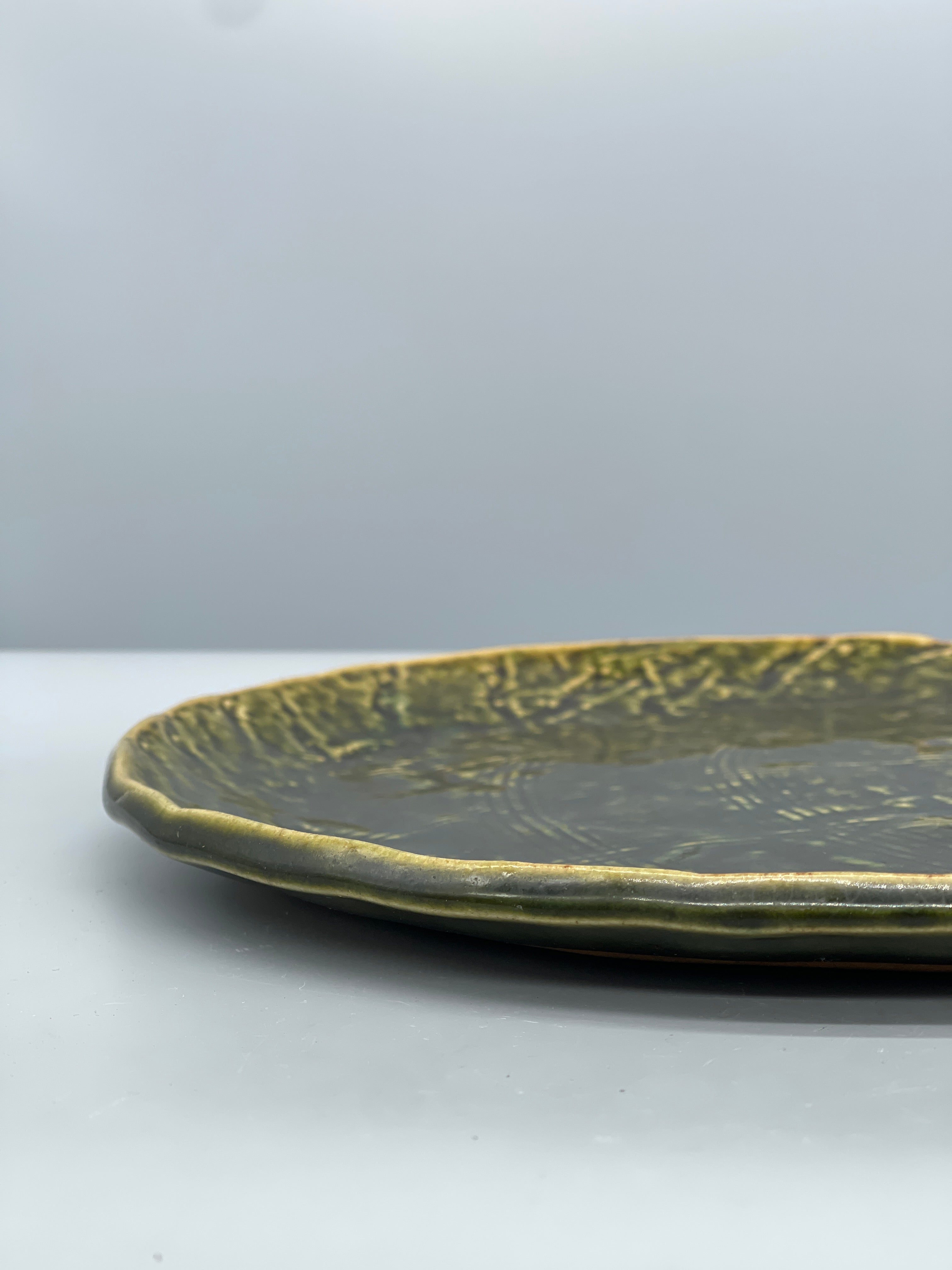 Vintage Japanese Flat Serving Plate, Oribe Green Glaze