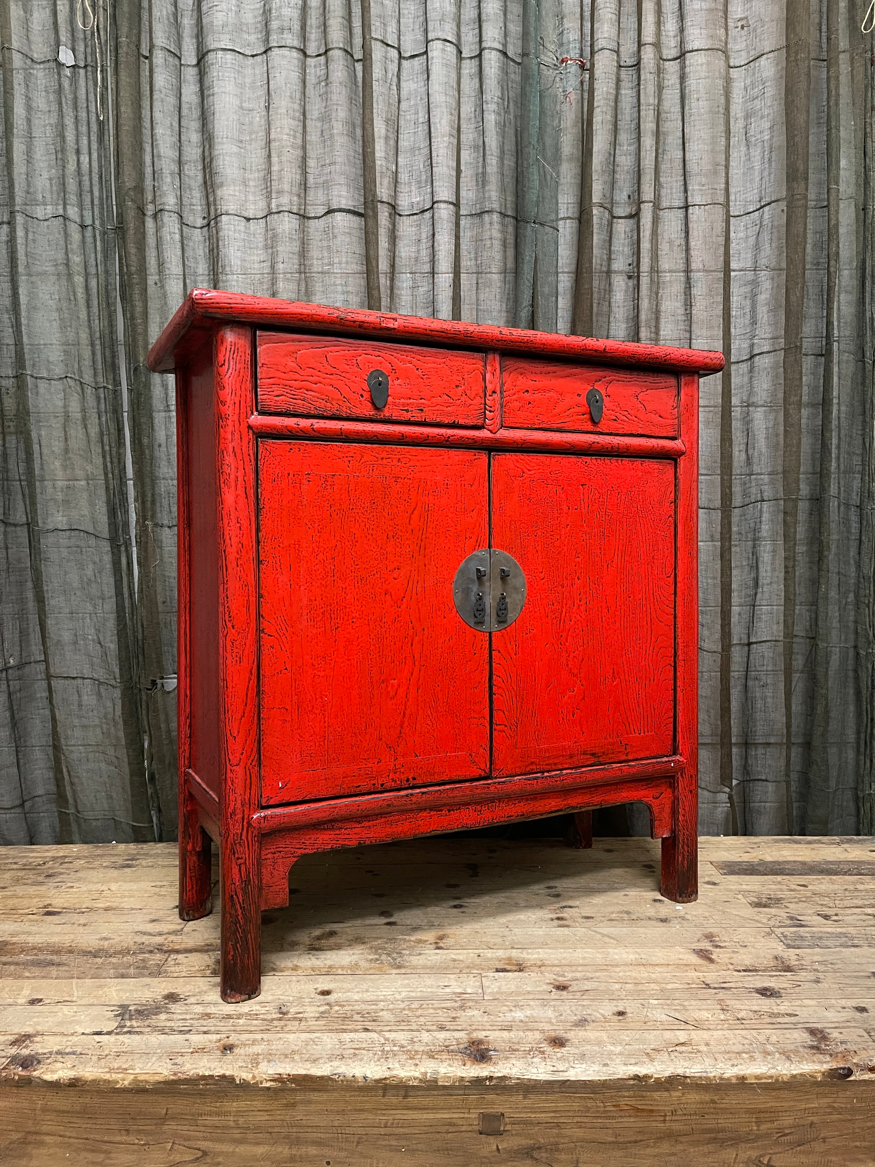 Antique Chinese Red Lacquered Cabinet, 2 Drawer