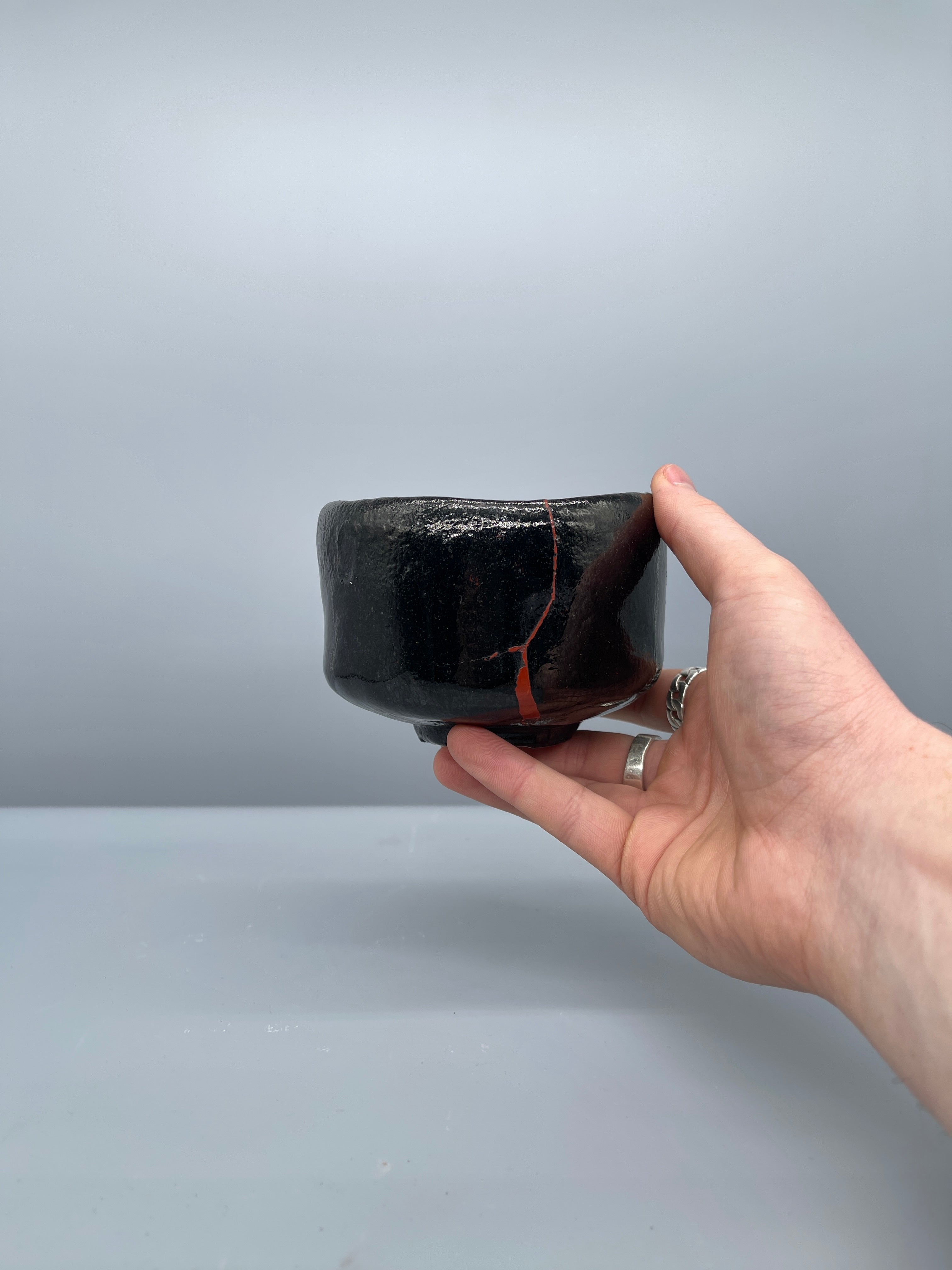Vintage Japanese Kuro Raku Chawan, Lacquer Repair