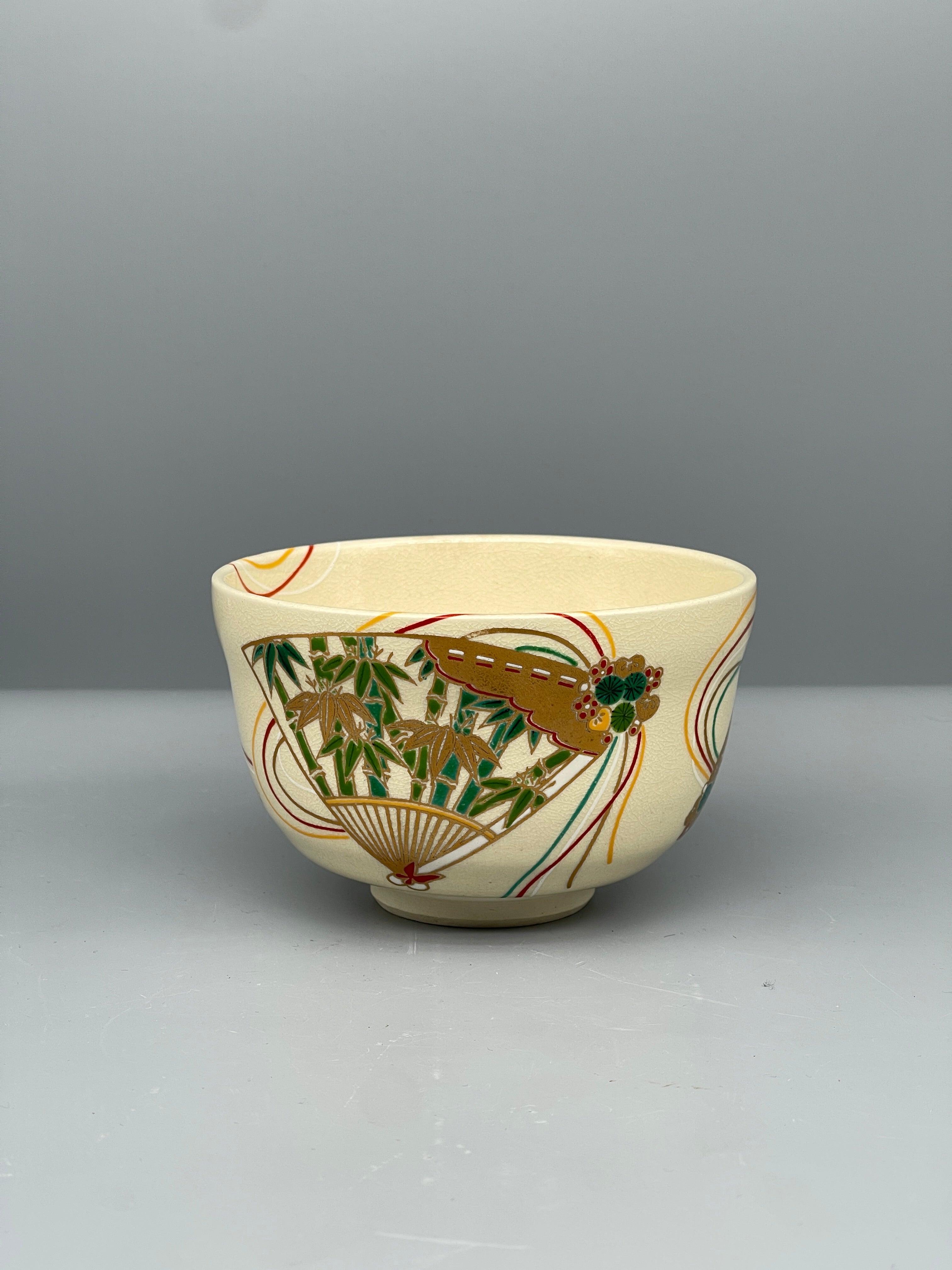 Vintage Japanese Chawan Tea Bowl - Ceramic, Crackle Glaze with Enamelled Fan & Blossom Design