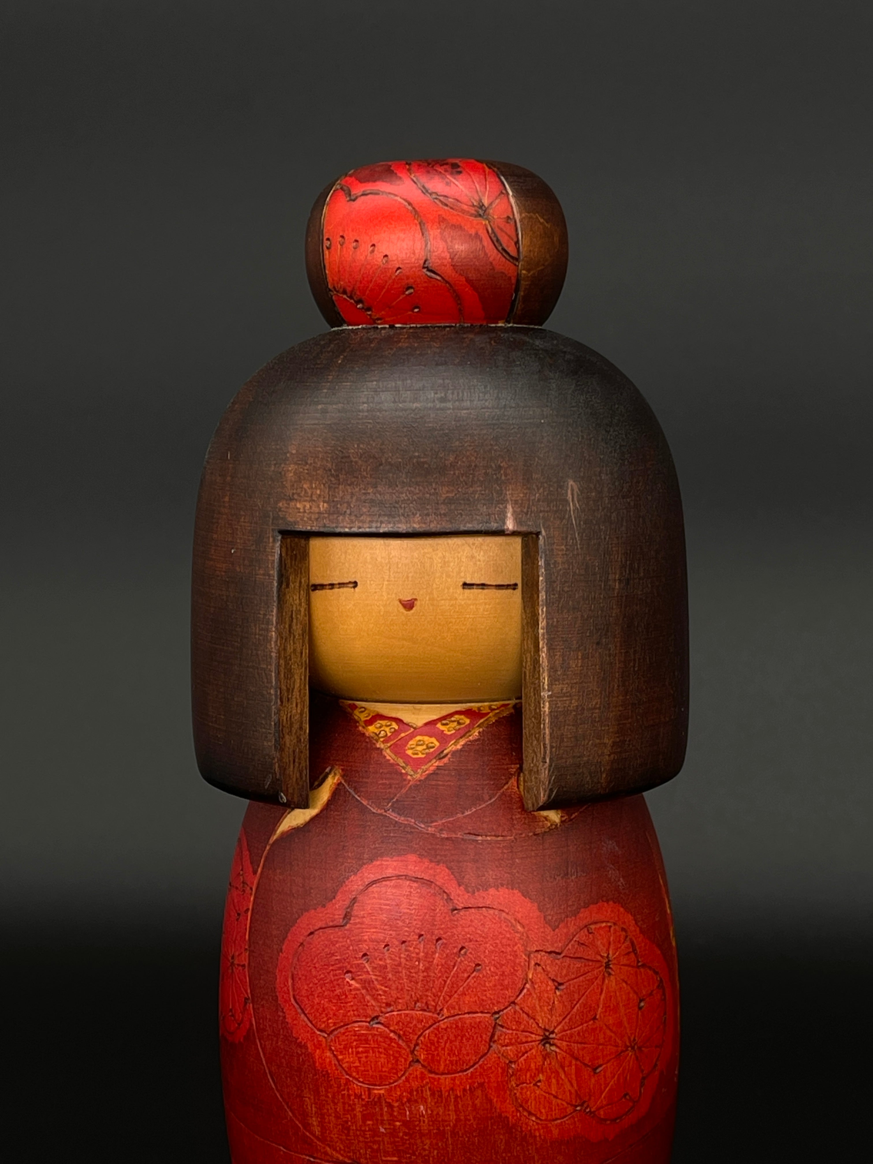 Vintage Japanese Kokeshi Doll with Red Blossom Kimono