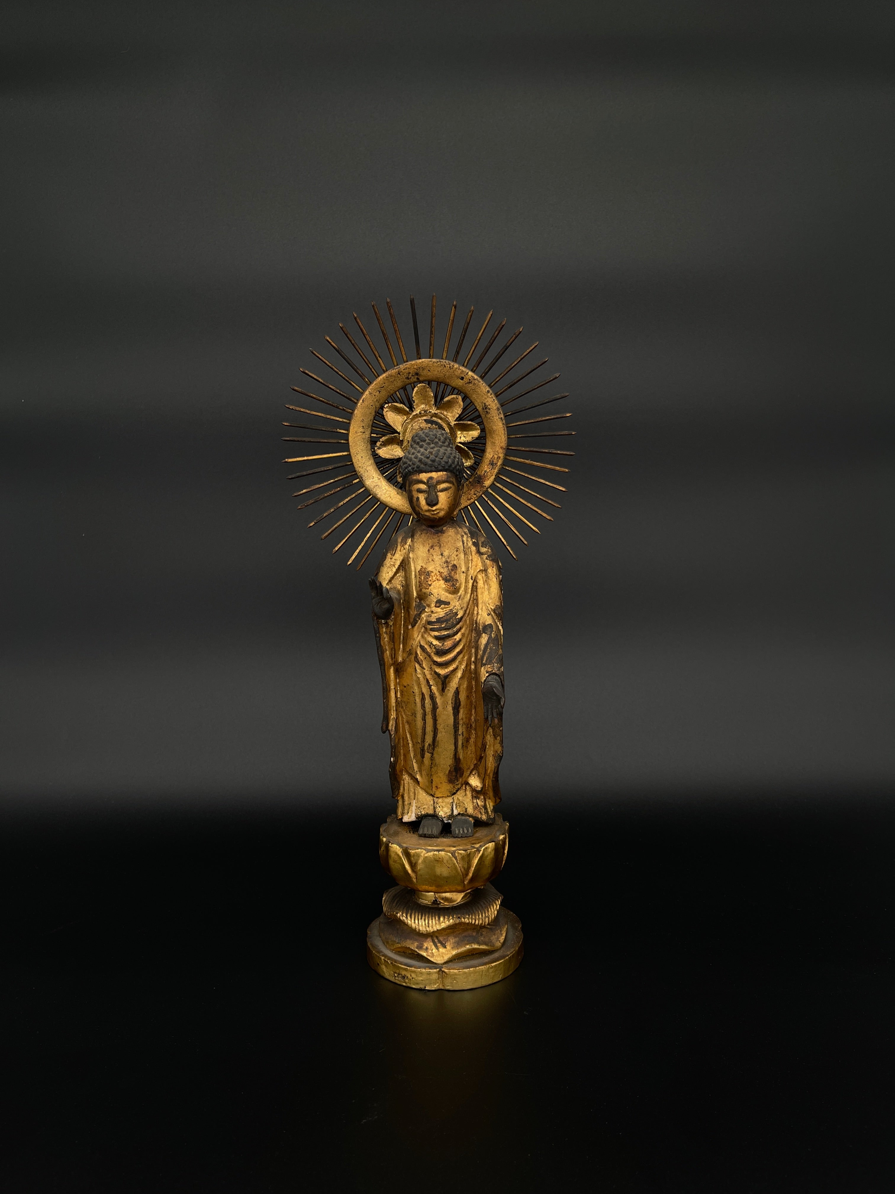 Shaka Nyorai, Antique Japanese Buddha on a Lotus Base - Carved Wood & Gilt | c.1900