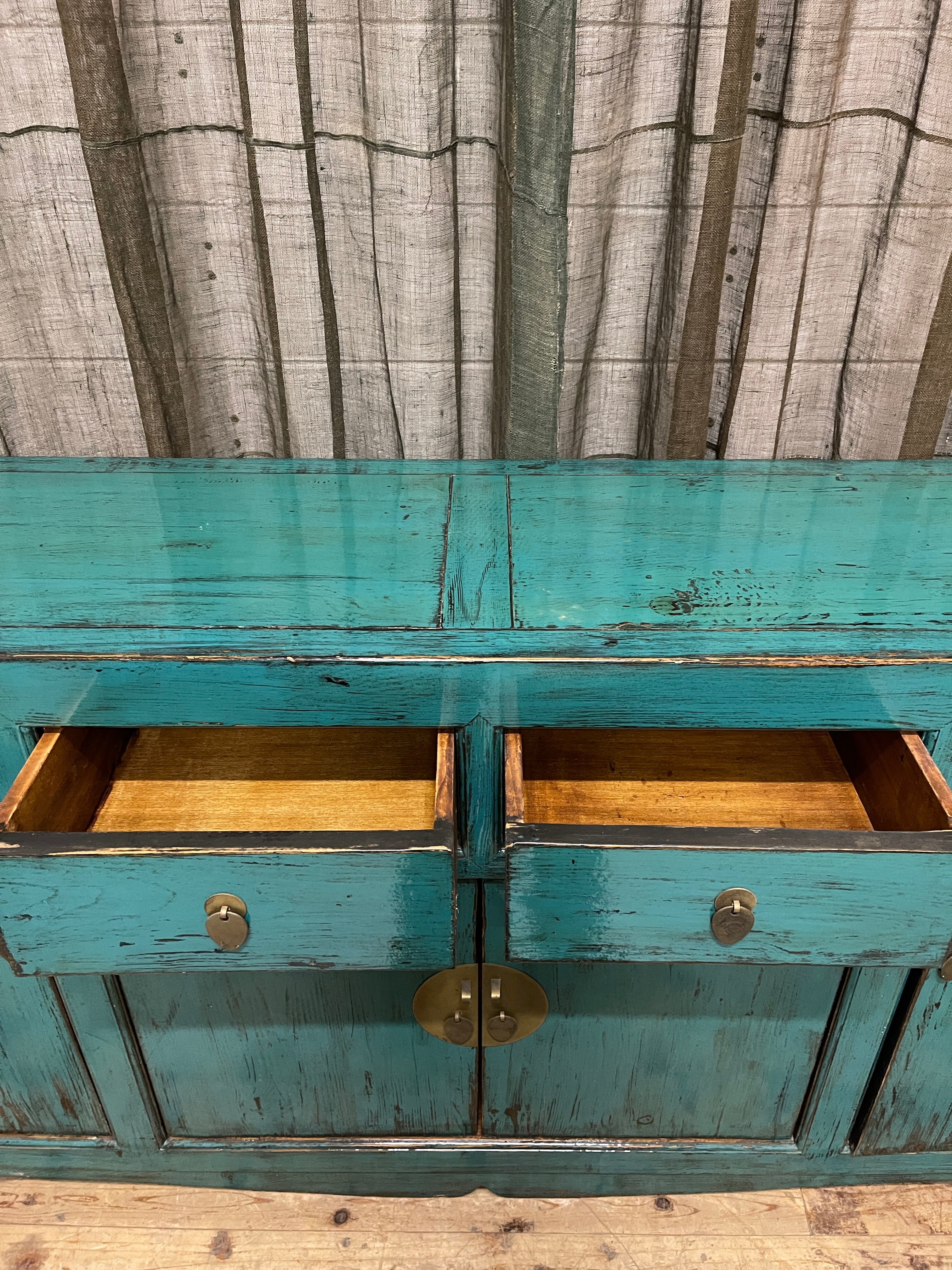 Chinese Teal Lacquered Cabinet, Round Medallion Pull