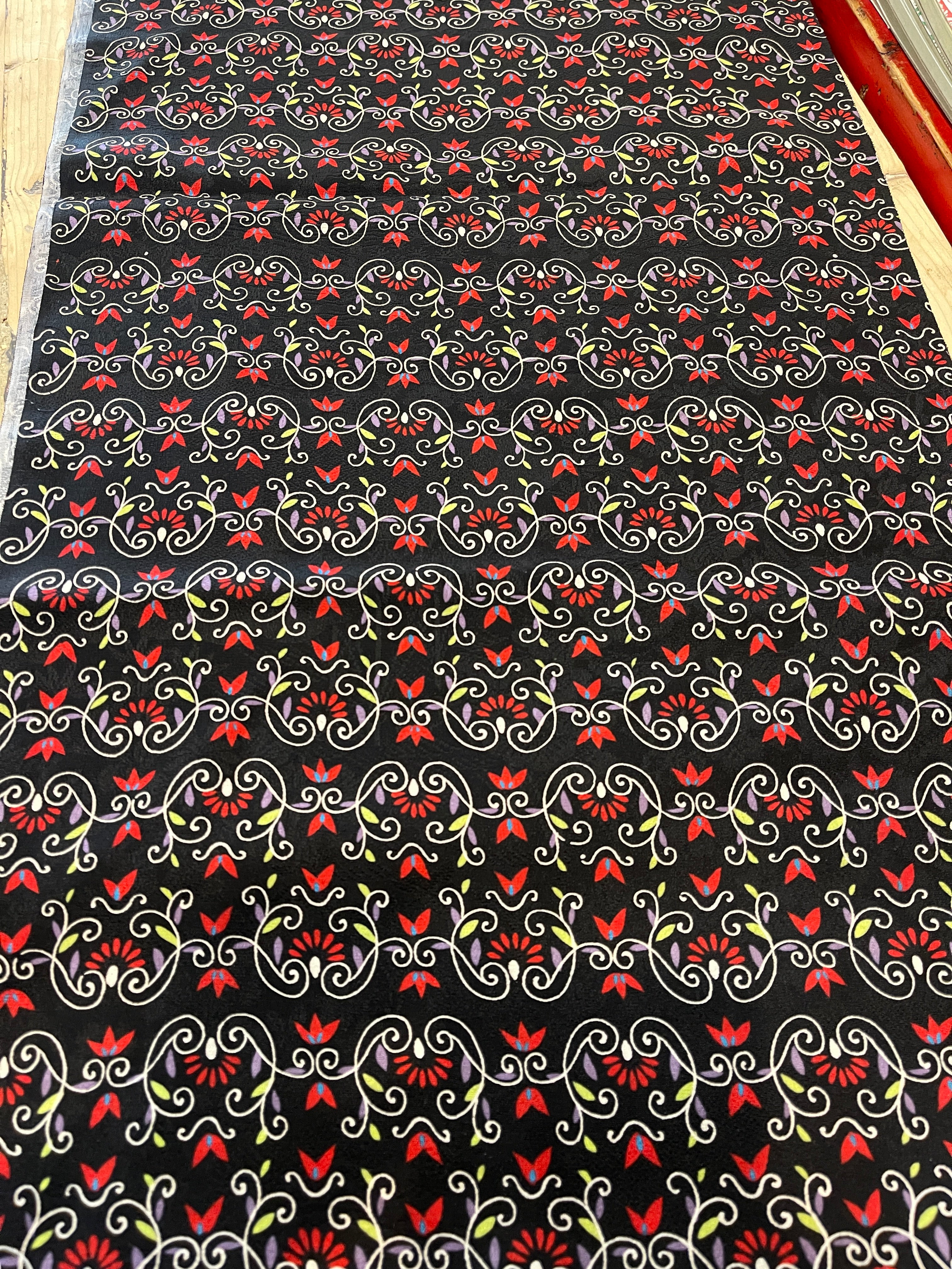 Japanese Silk Fabric, Black With Floral Pattern