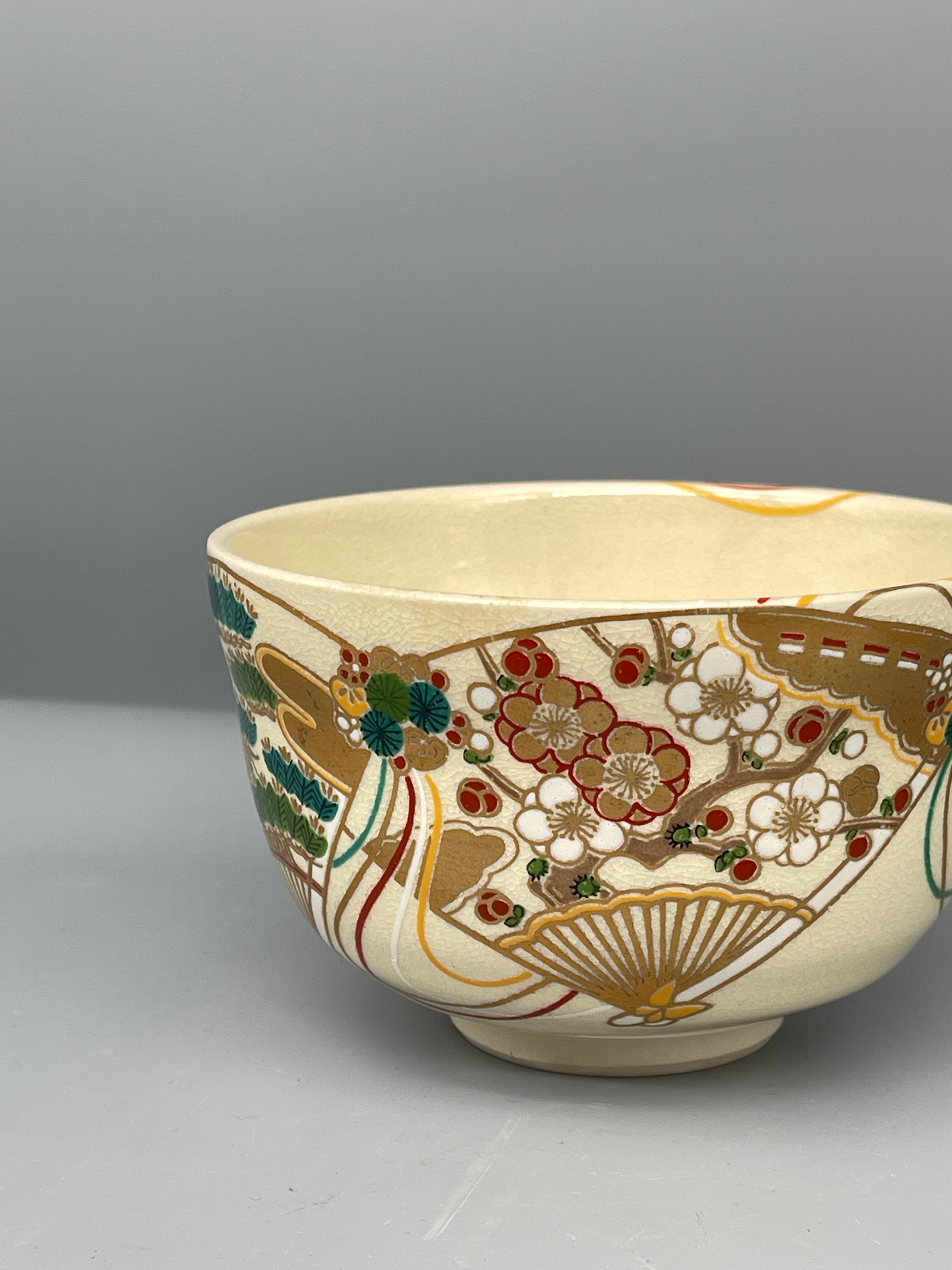 Vintage Japanese Chawan Tea Bowl - Ceramic, Crackle Glaze with Enamelled Fan & Blossom Design