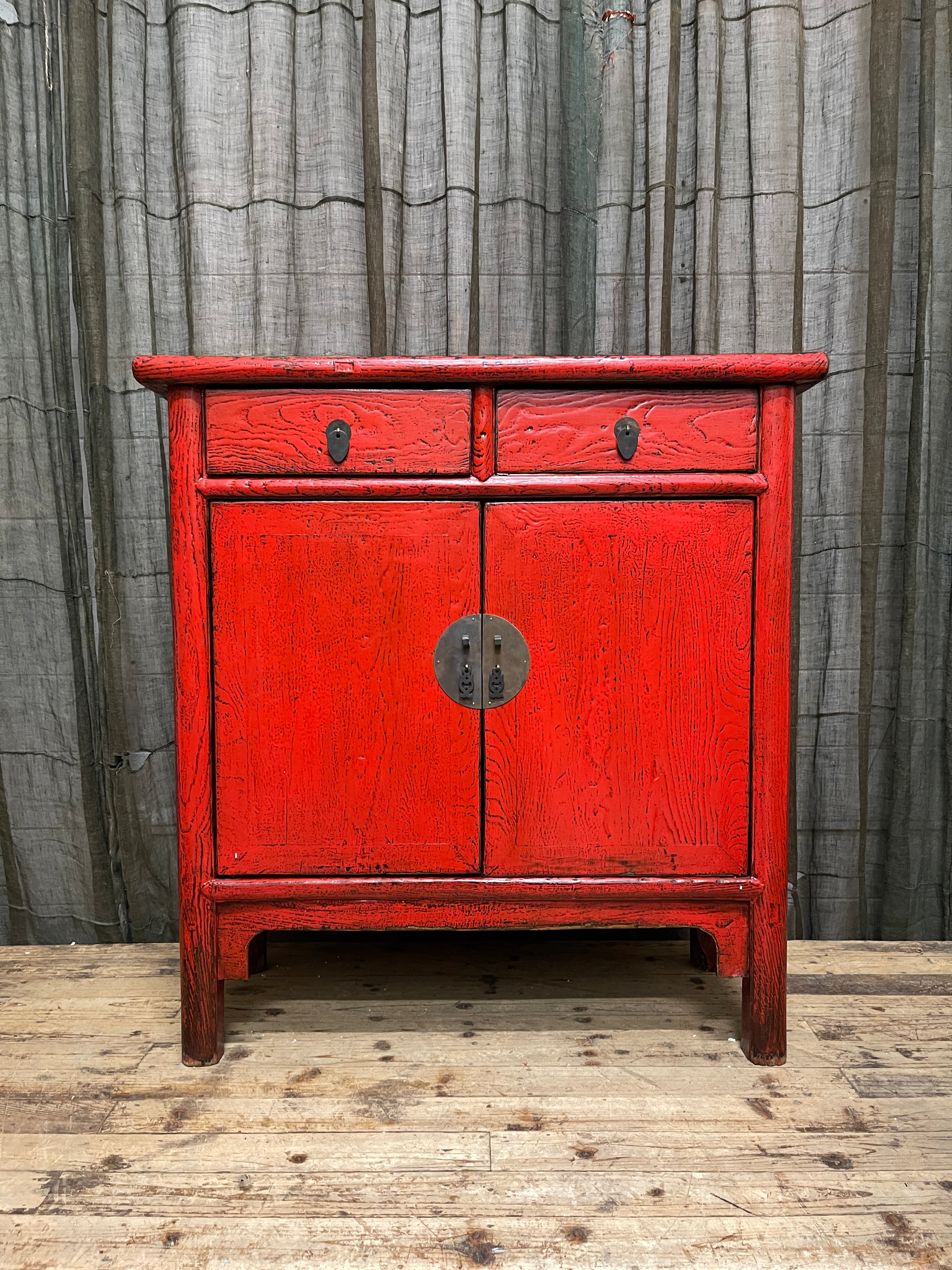 Antique Chinese Red Lacquered Cabinet, 2 Drawer