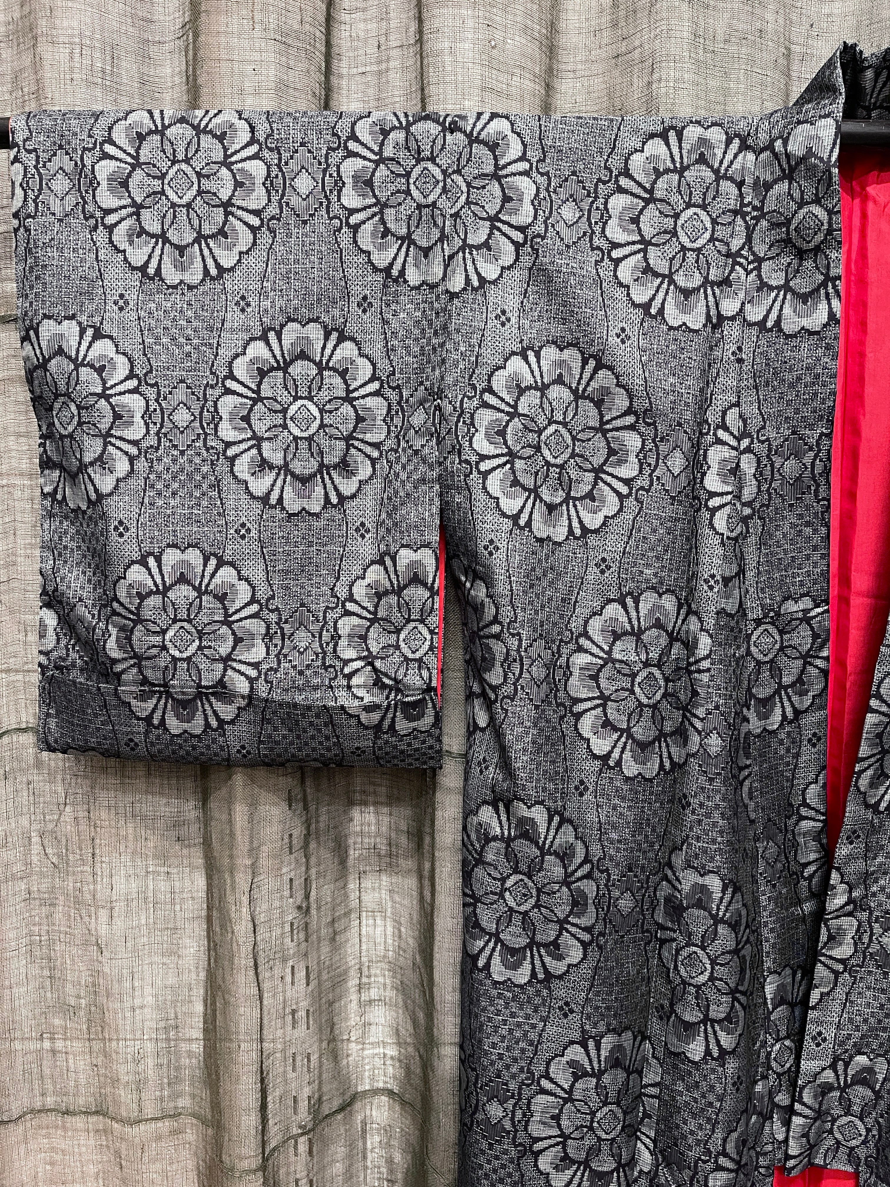 Vintage Japanese Oshima Silk Kimono | Floral Design
