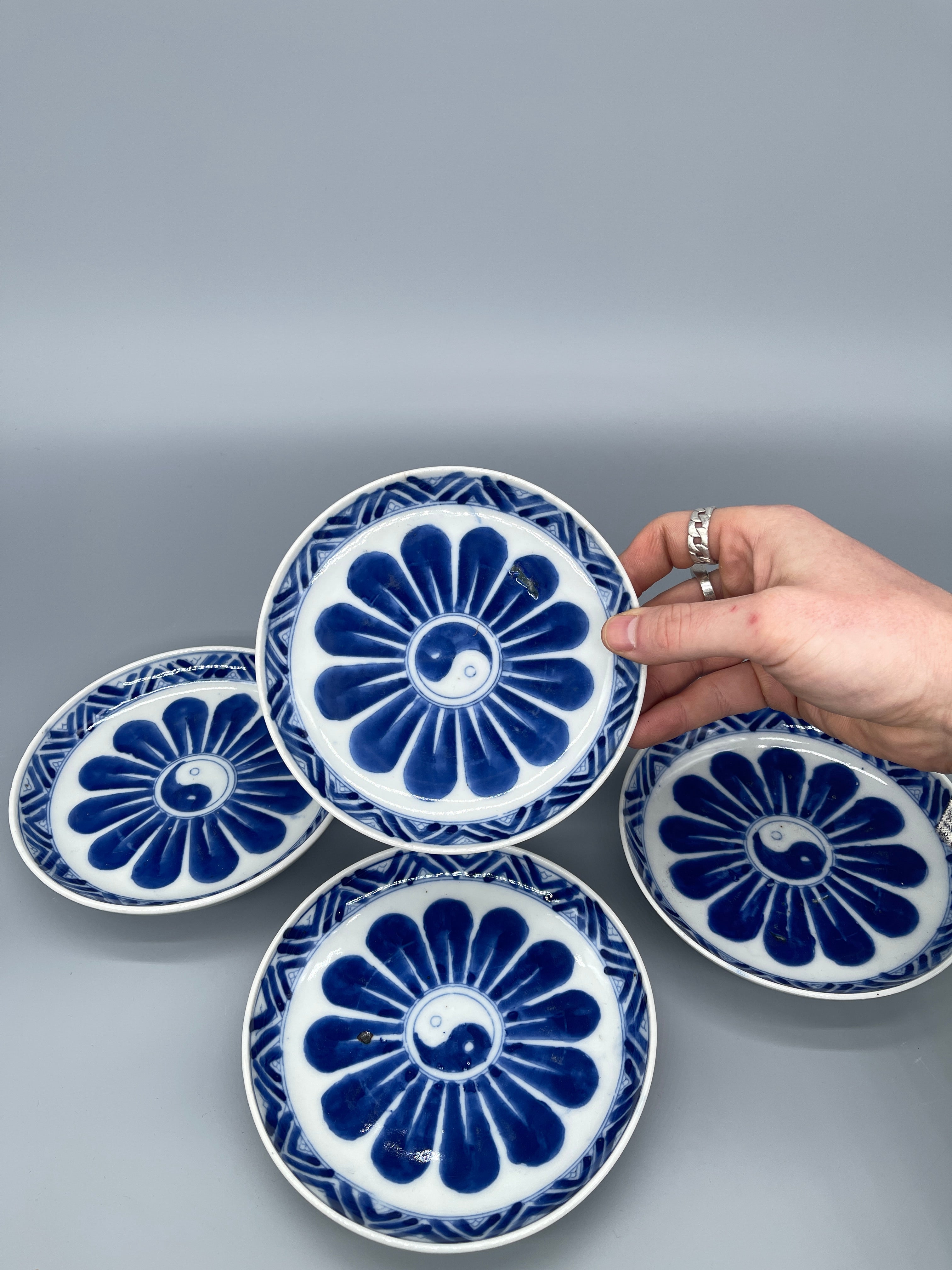 Set of Vintage Japanese Plates, Blue & White Glaze