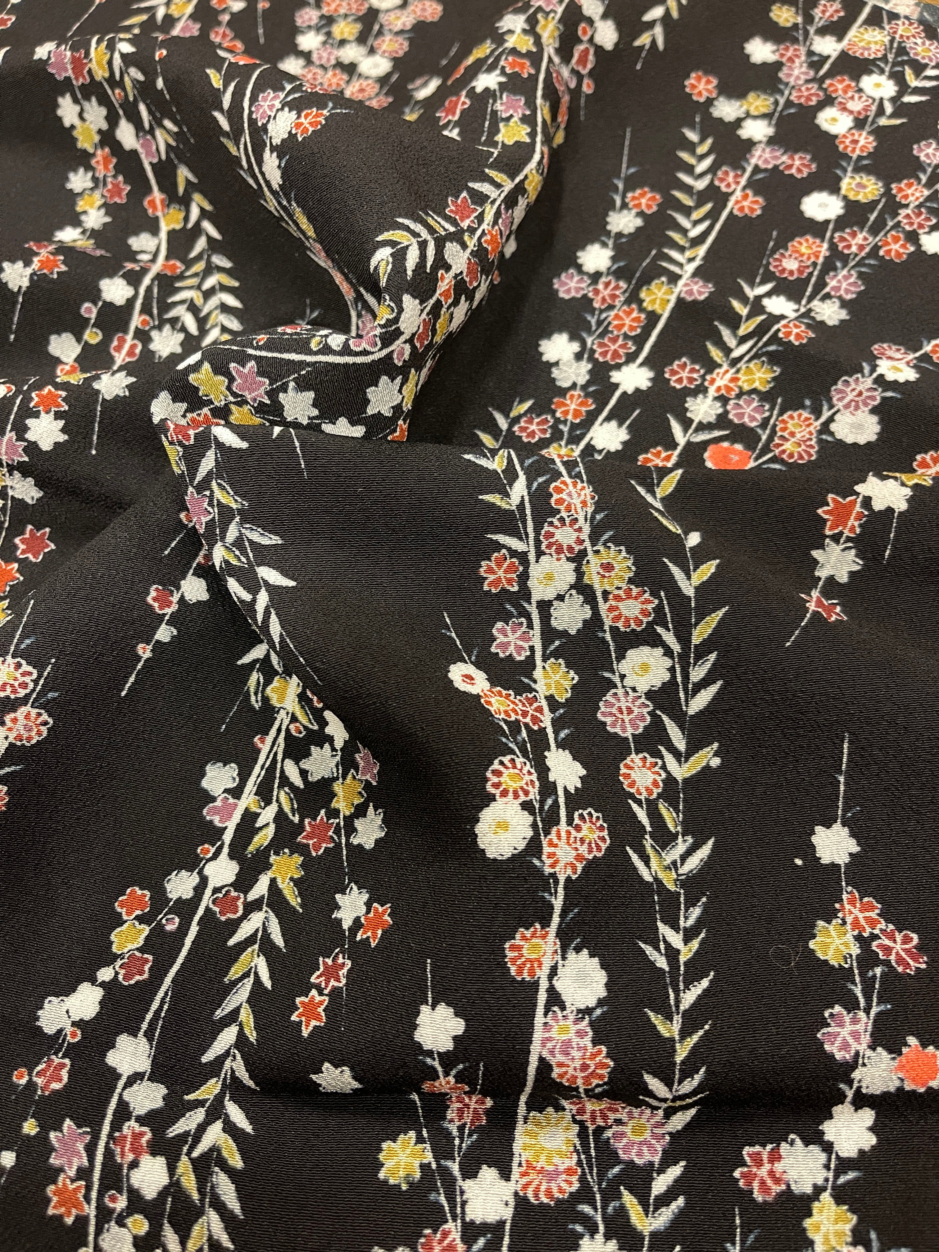 Japanese Silk Black with Colourful Flowers
